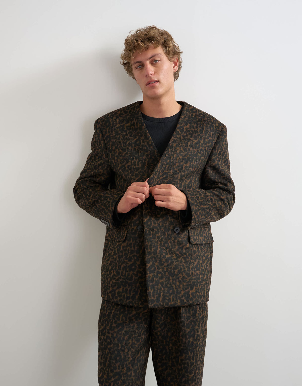 Topman oversized fit collarless double breasted blazer with leopard print in brown