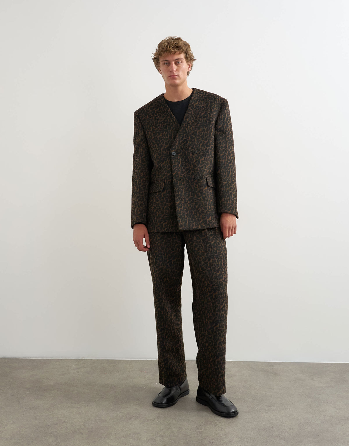Topman oversized fit collarless double breasted blazer with leopard print in brown