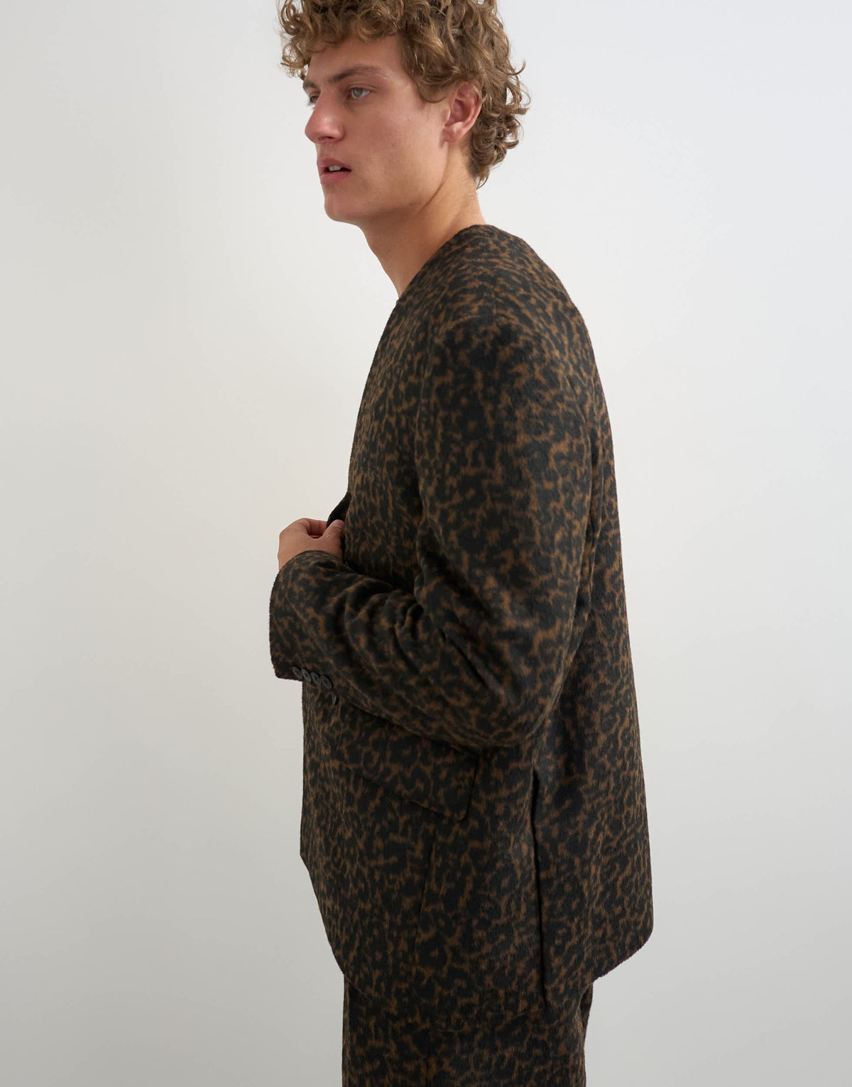 Topman oversized fit collarless double breasted blazer with leopard print in brown