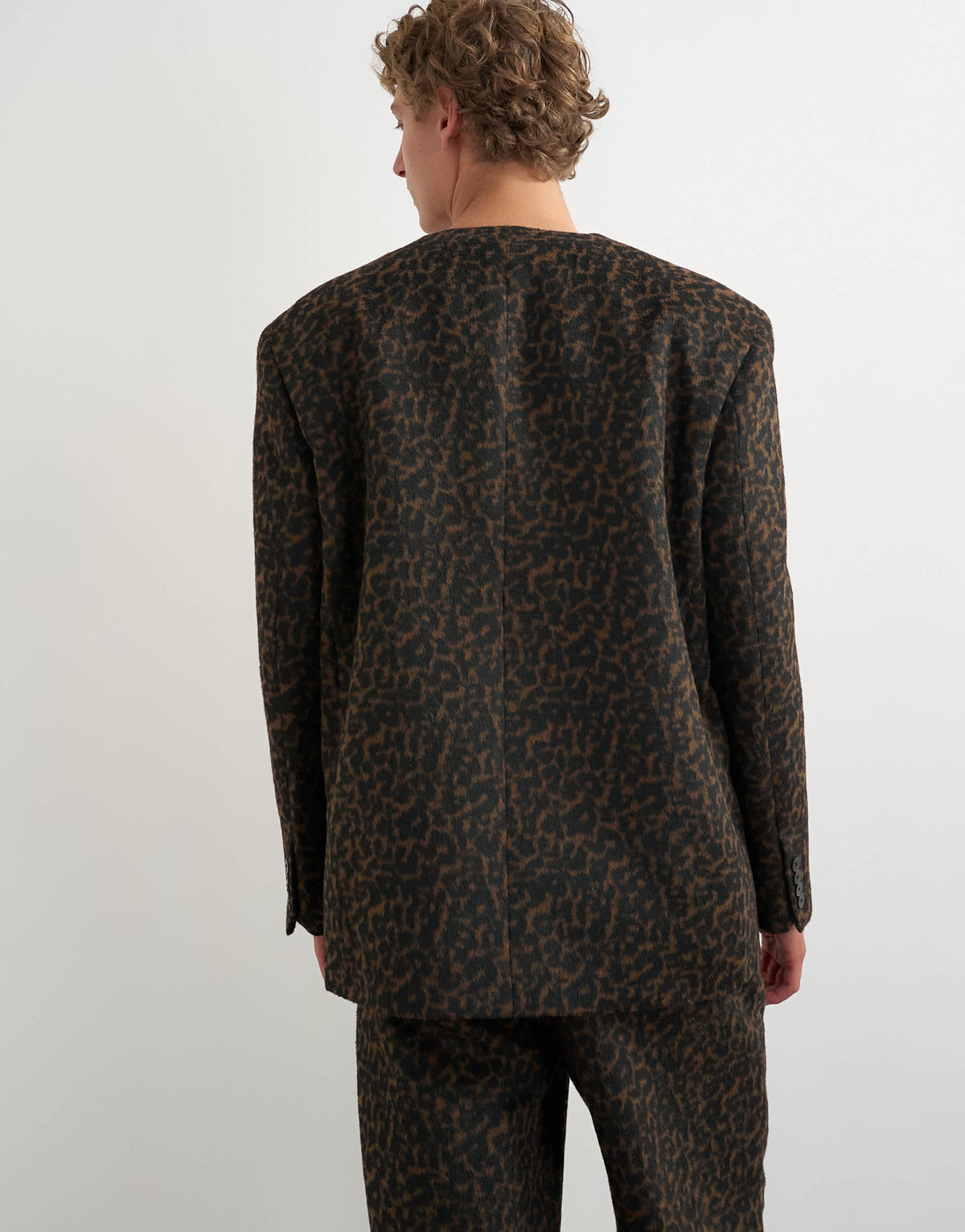 Topman oversized fit collarless double breasted blazer with leopard print in brown