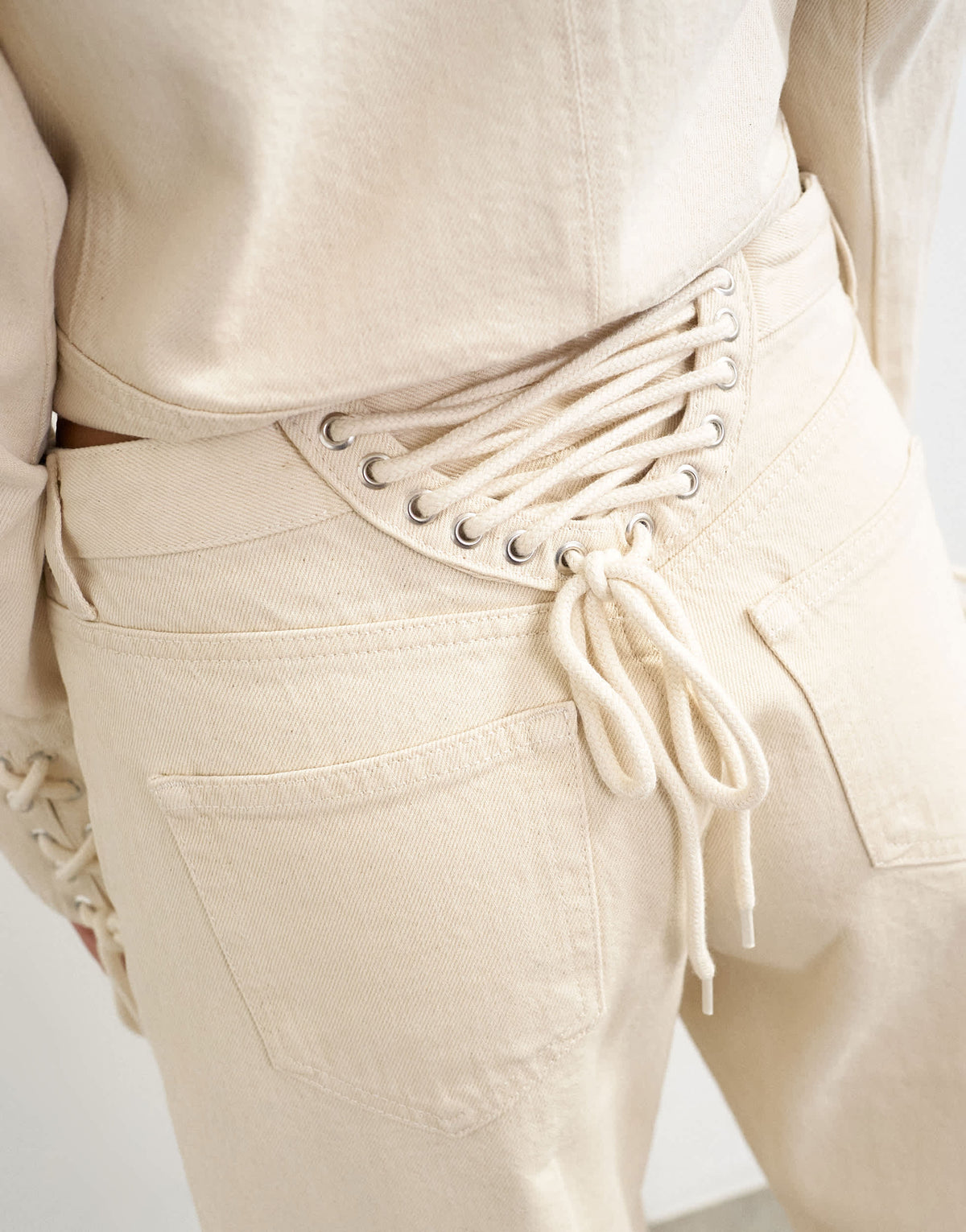 Topshop Ember low rise relaxed straight leg jean with lace up detail in oat