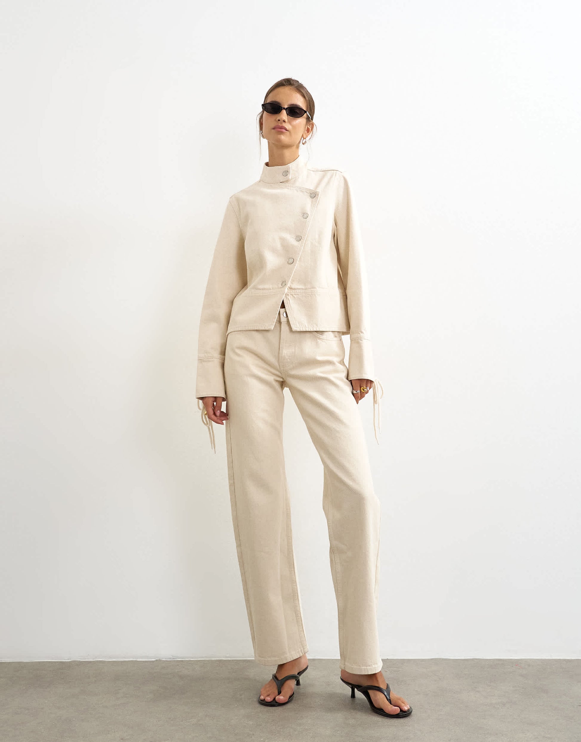 Topshop Ember low rise relaxed straight leg jean with lace up detail in oat