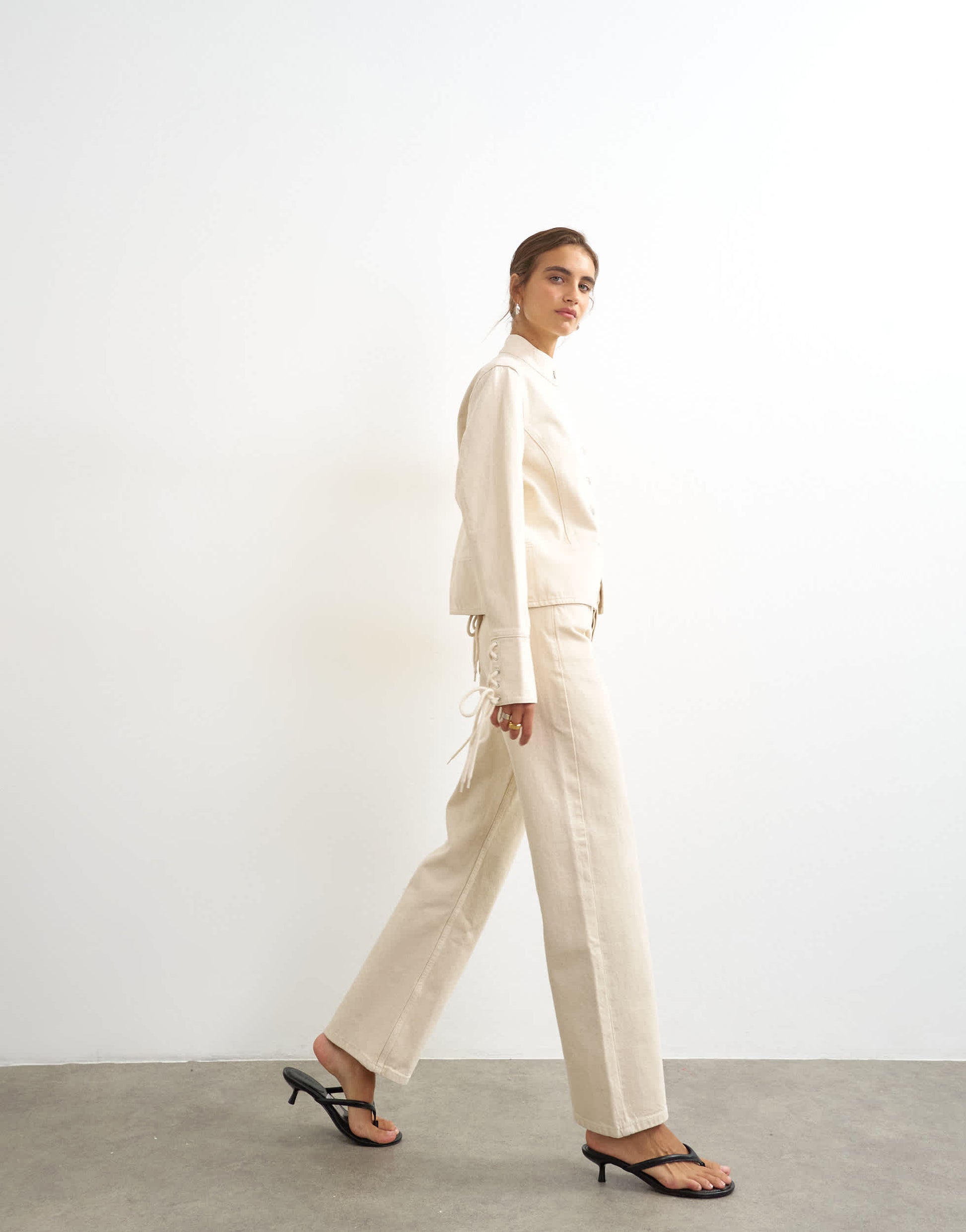 Topshop Ember low rise relaxed straight leg jean with lace up detail in oat