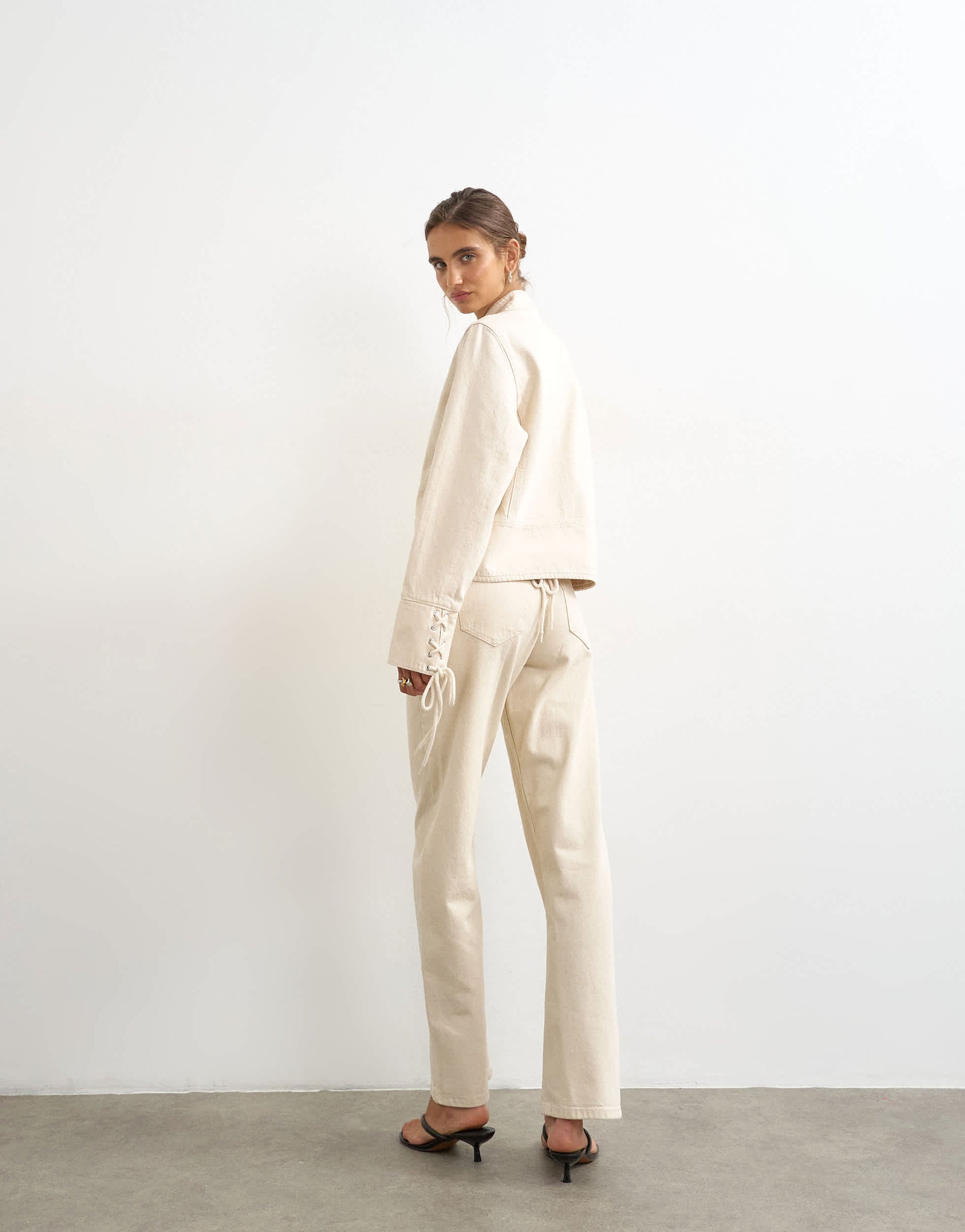 Topshop Ember low rise relaxed straight leg jean with lace up detail in oat
