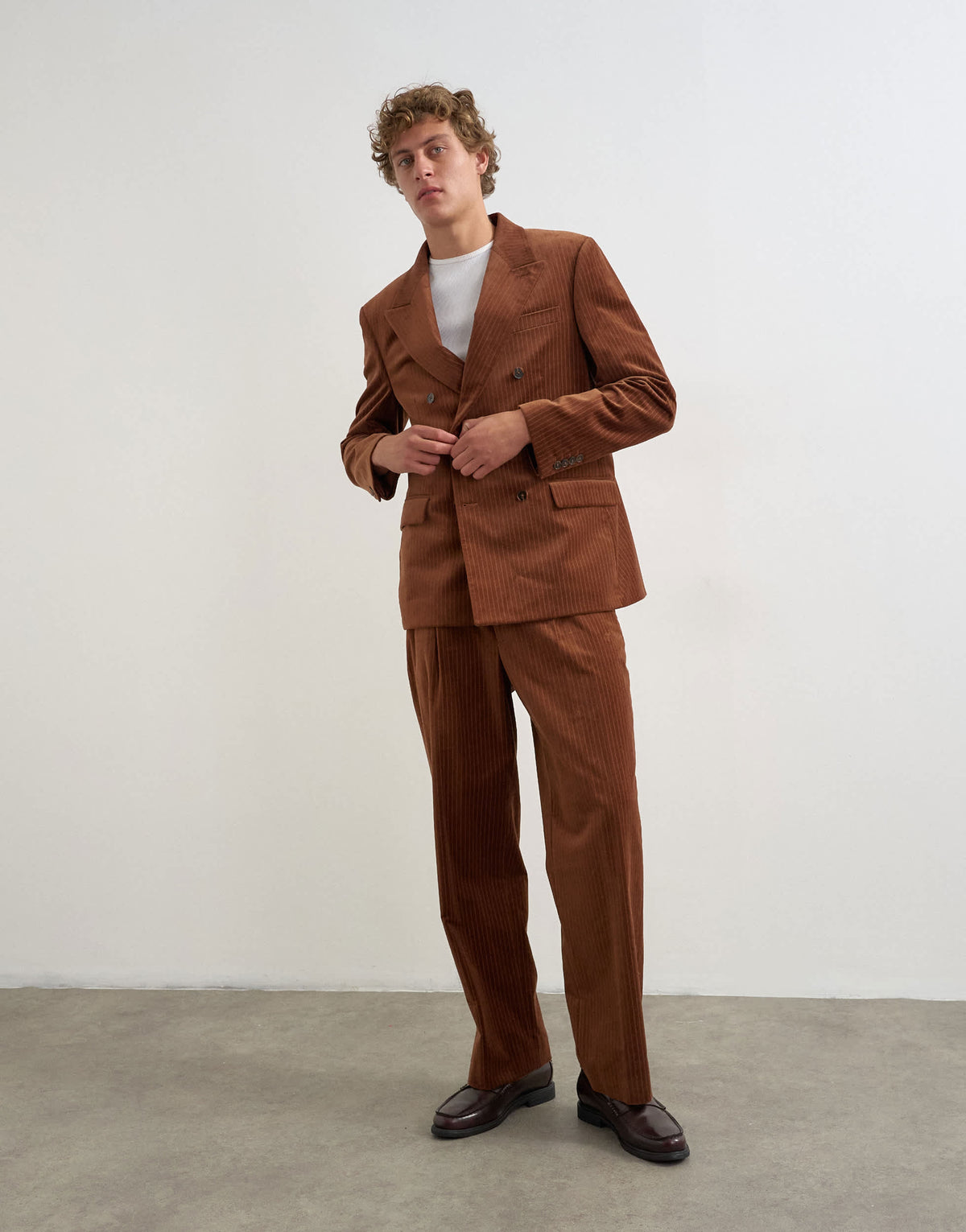 Topman relaxed fit double breasted velvet stripe blazer in tan
