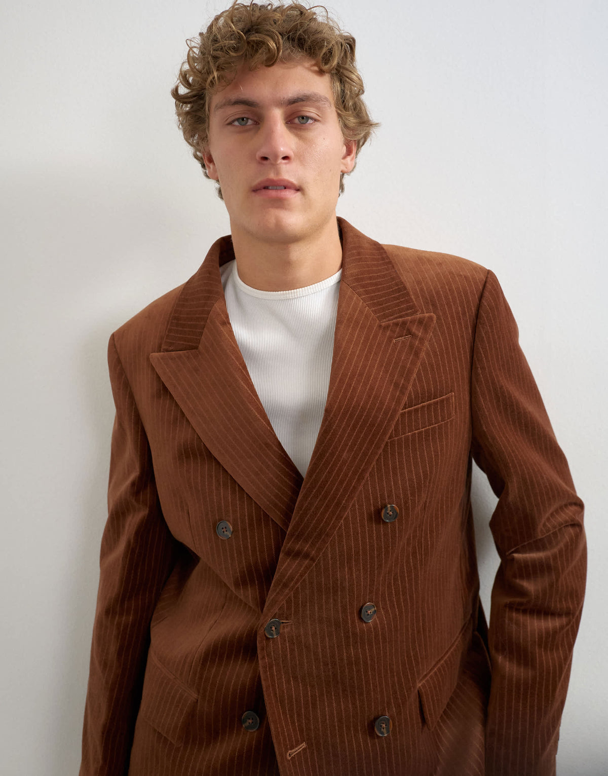 Topman relaxed fit double breasted velvet stripe blazer in tan