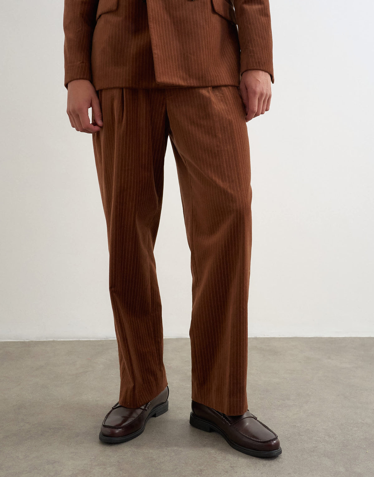 Topman wide leg velvet stripe trousers with pleats in tan
