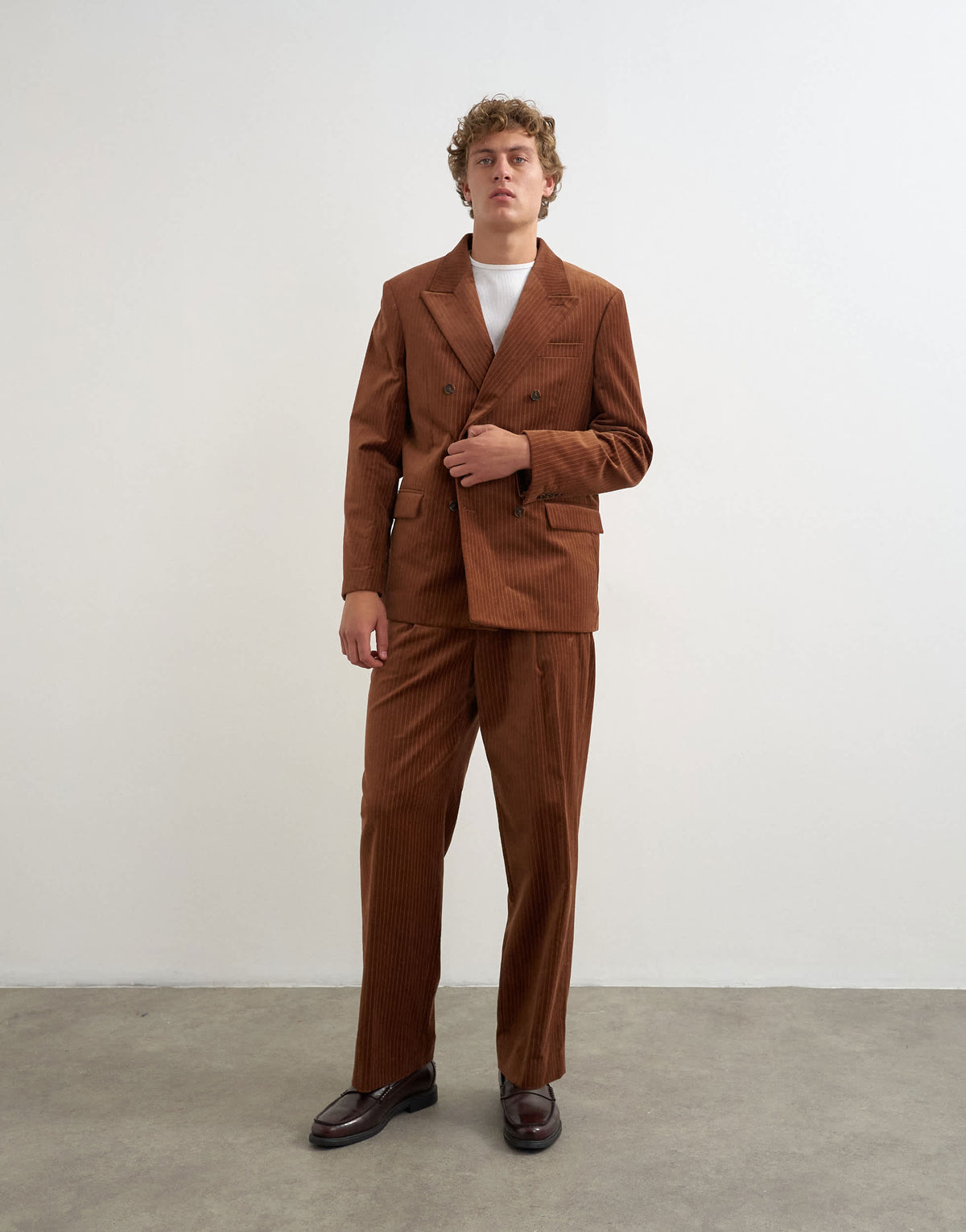 Topman wide leg velvet stripe trousers with pleats in tan