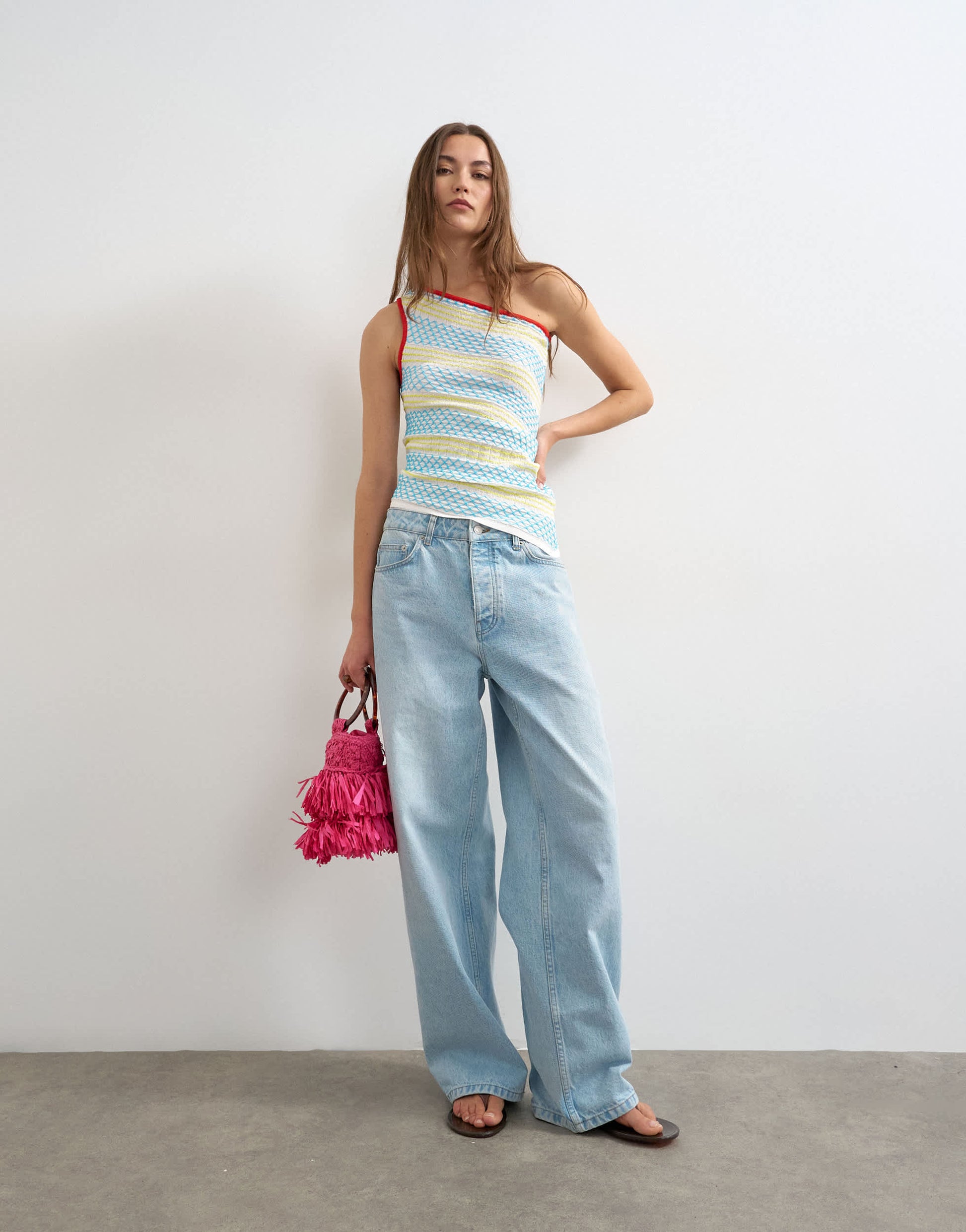 Topshop knitted asymmetric one shoulder colour pop top in multi