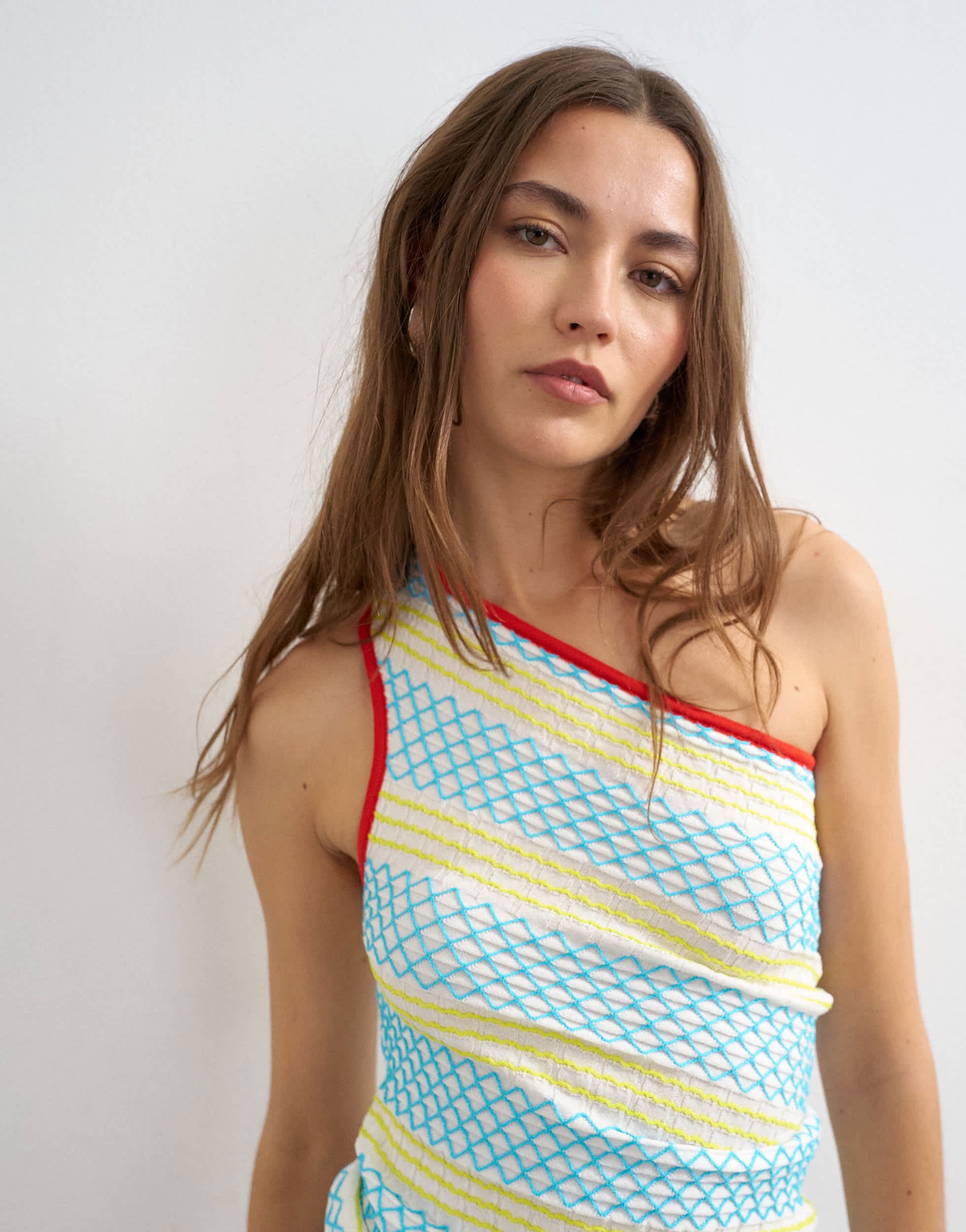 Topshop knitted asymmetric one shoulder colour pop top in multi