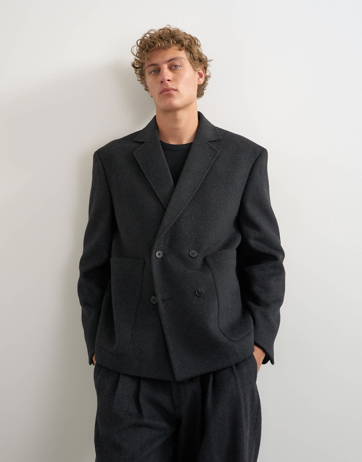 Topman boxy fit double breasted textured blazer in charcoal