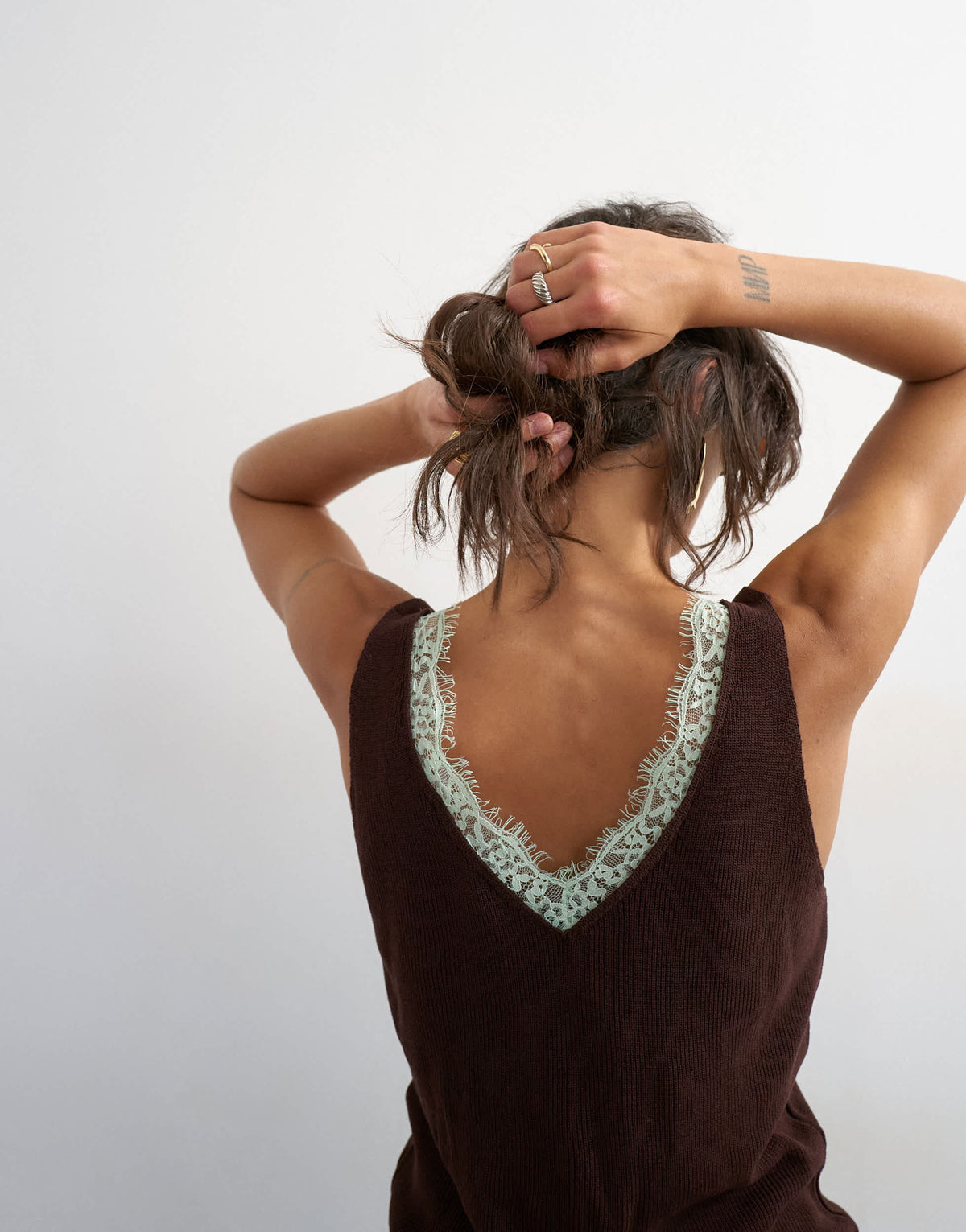 Topshop knitted contrast lace vest in brown with mint contrast lace