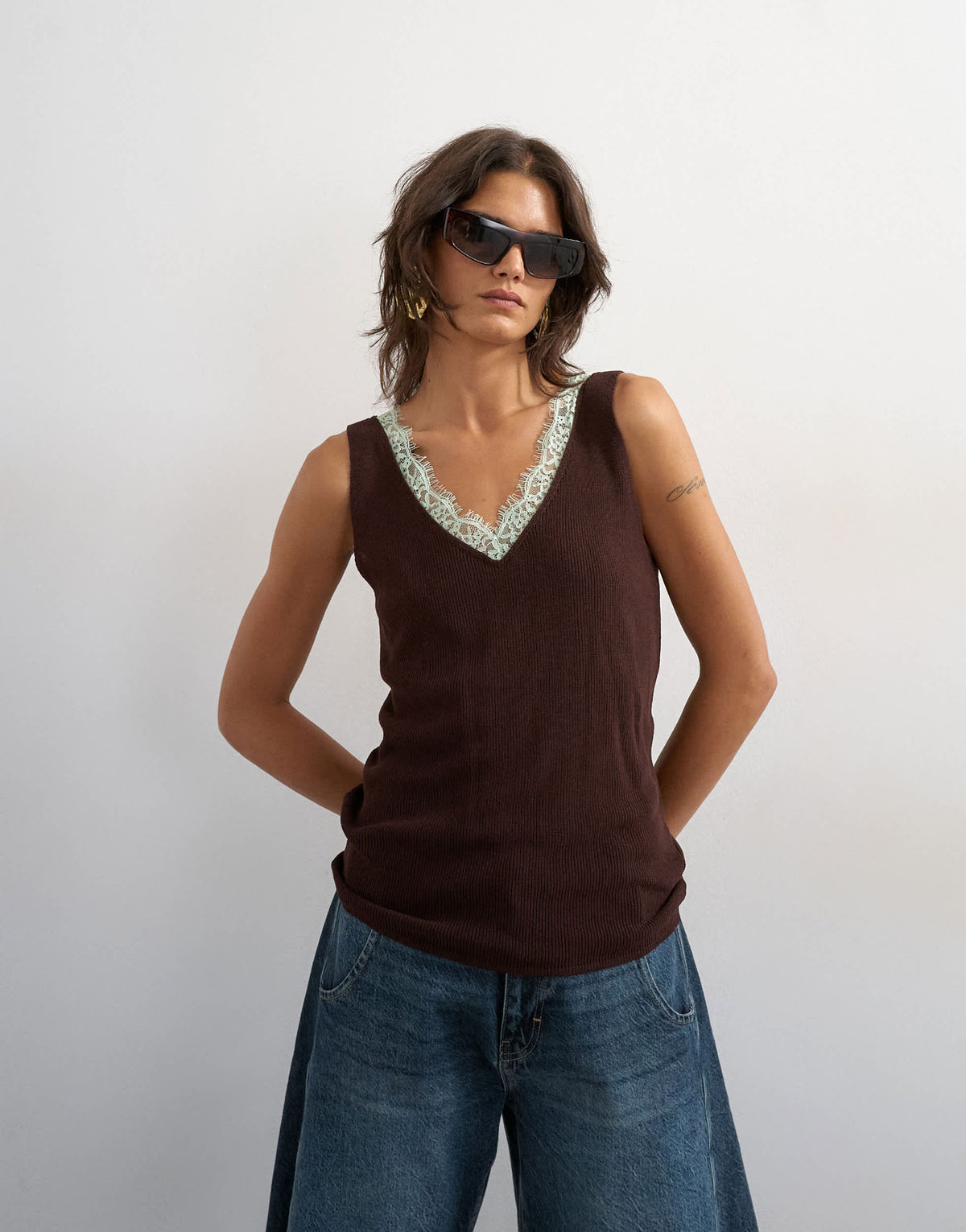 Topshop knitted contrast lace vest in brown with mint contrast lace