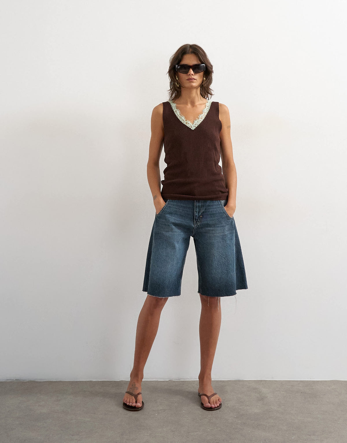 Topshop knitted contrast lace vest in brown with mint contrast lace