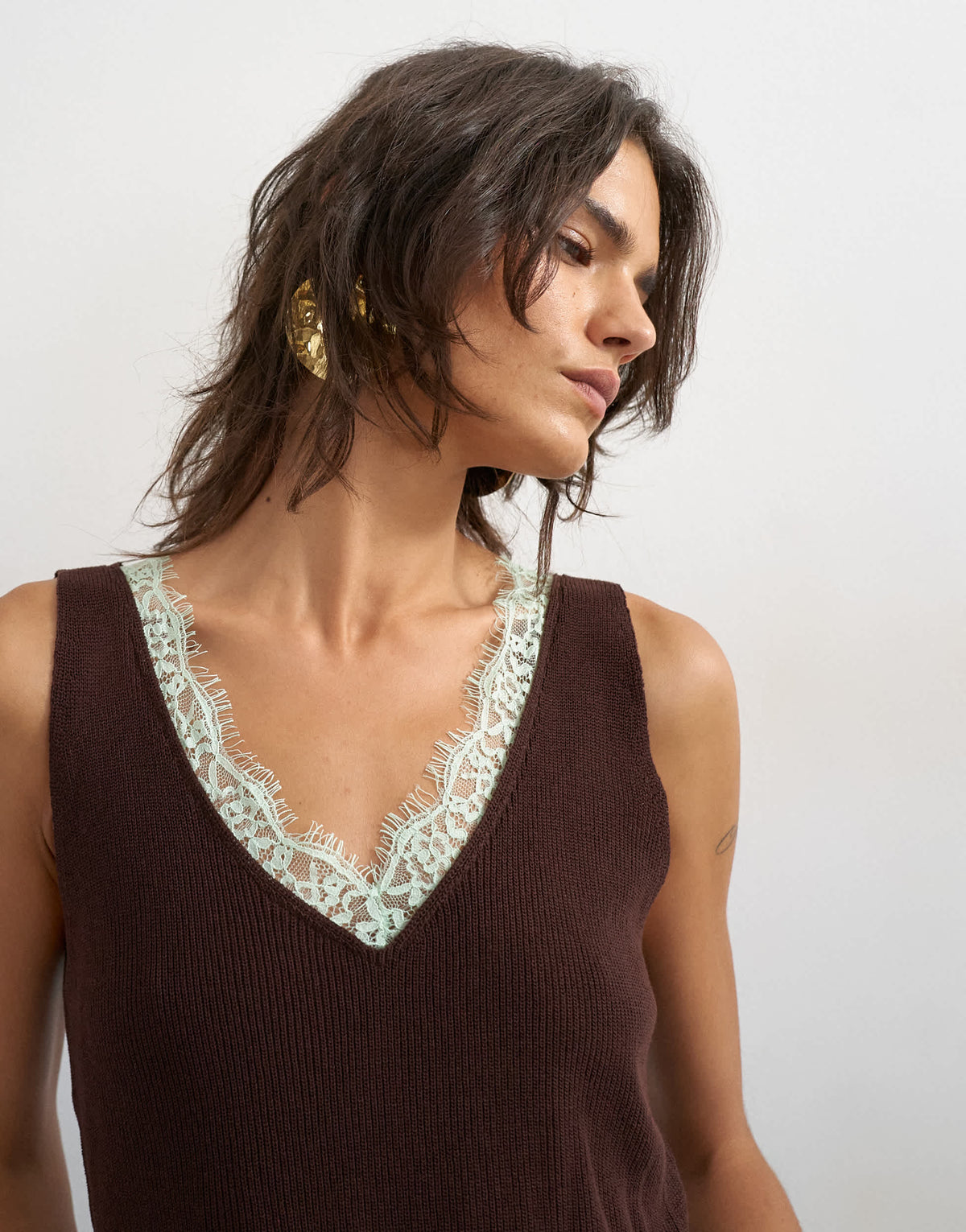 Topshop knitted contrast lace vest in brown with mint contrast lace
