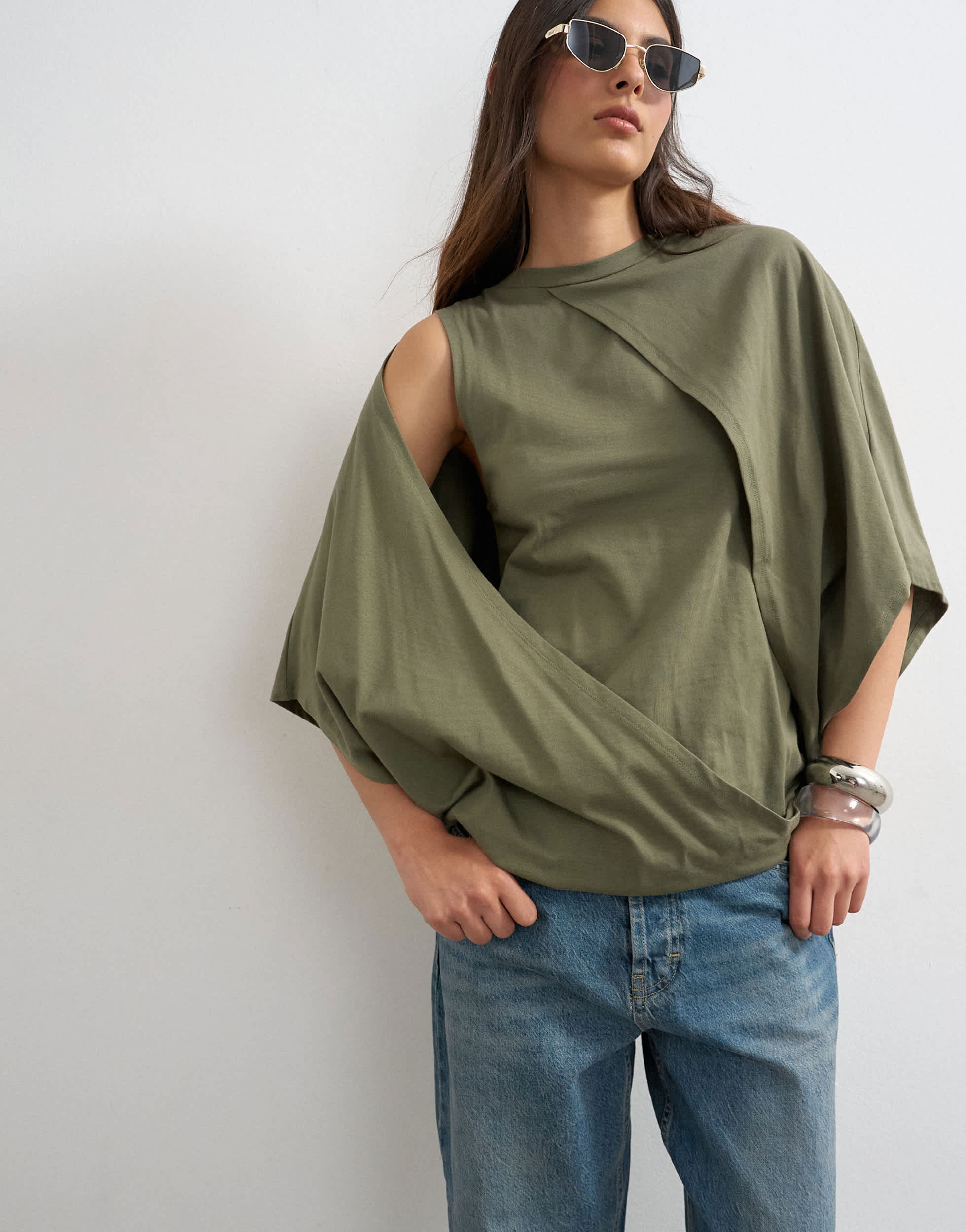 Topshop cape draped tee in khaki