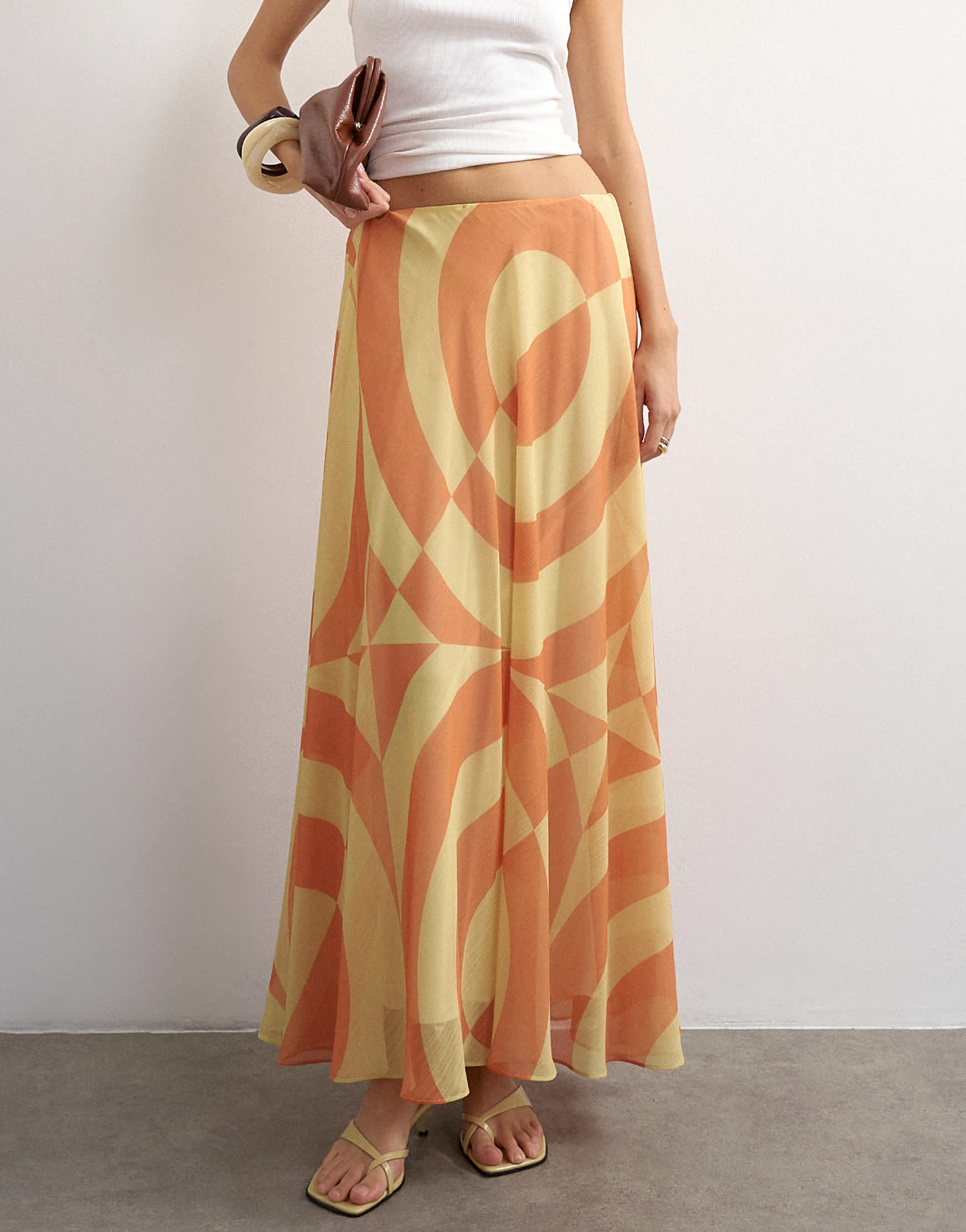 Topshop sheer full circle chiffon midi skirt in orange abstract print