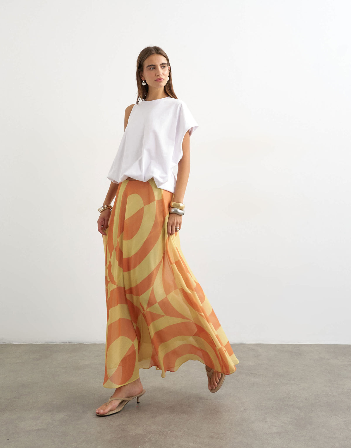 Topshop sheer full circle chiffon midi skirt in orange abstract print