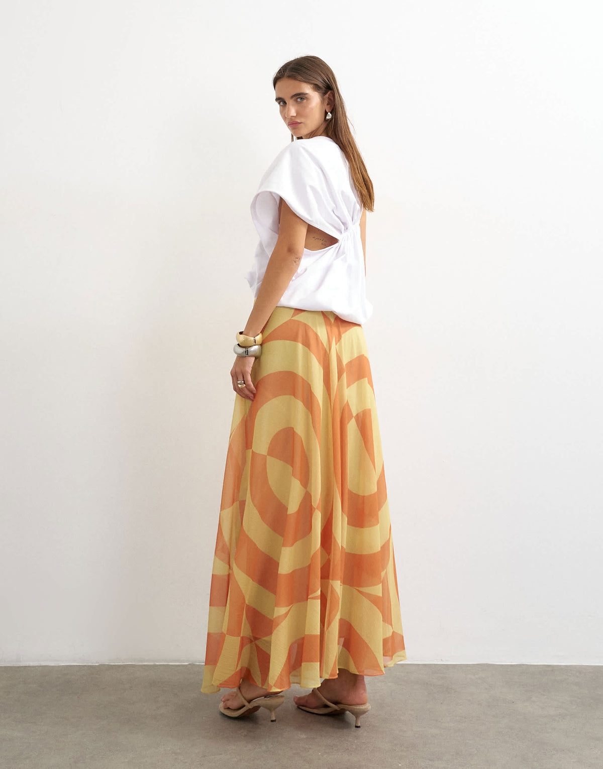 Topshop sheer full circle chiffon midi skirt in orange abstract print