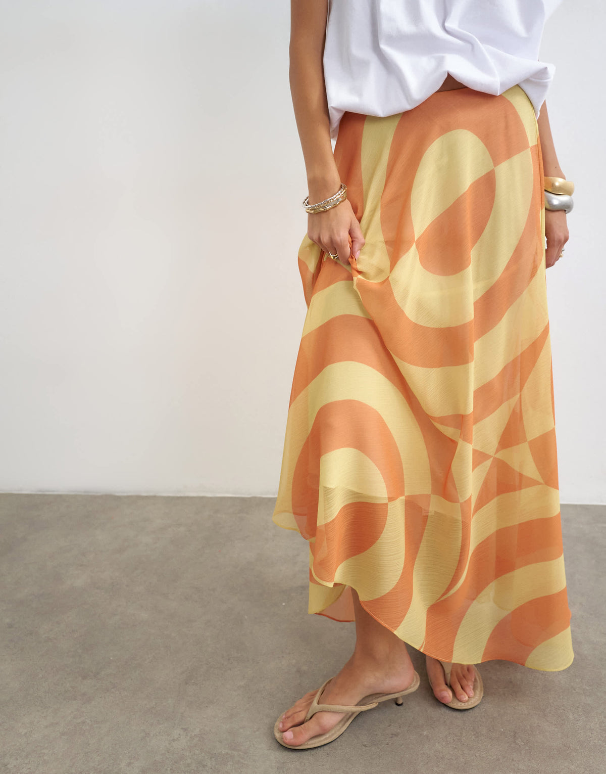 Topshop sheer full circle chiffon midi skirt in orange abstract print