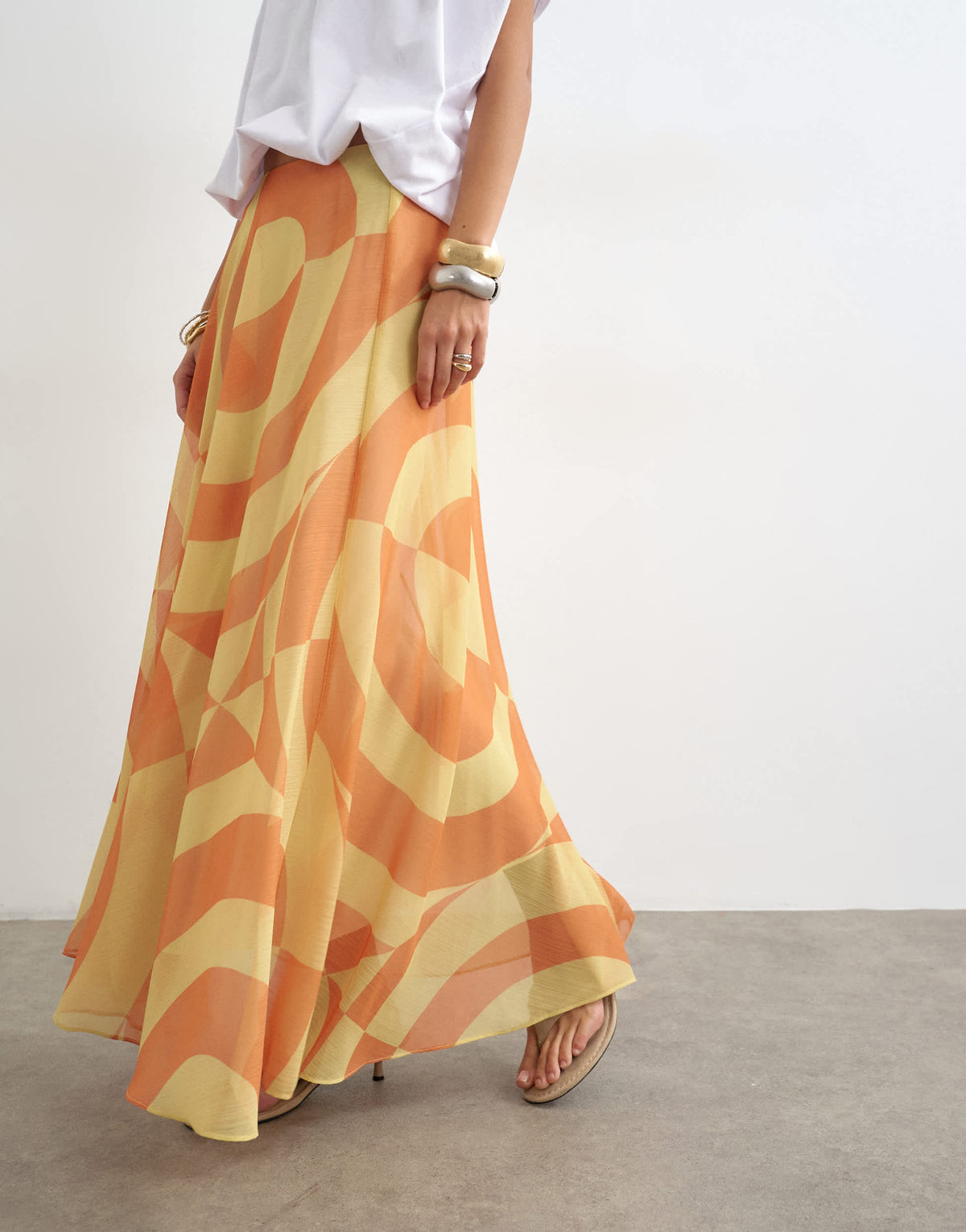 Topshop sheer full circle chiffon midi skirt in orange abstract print