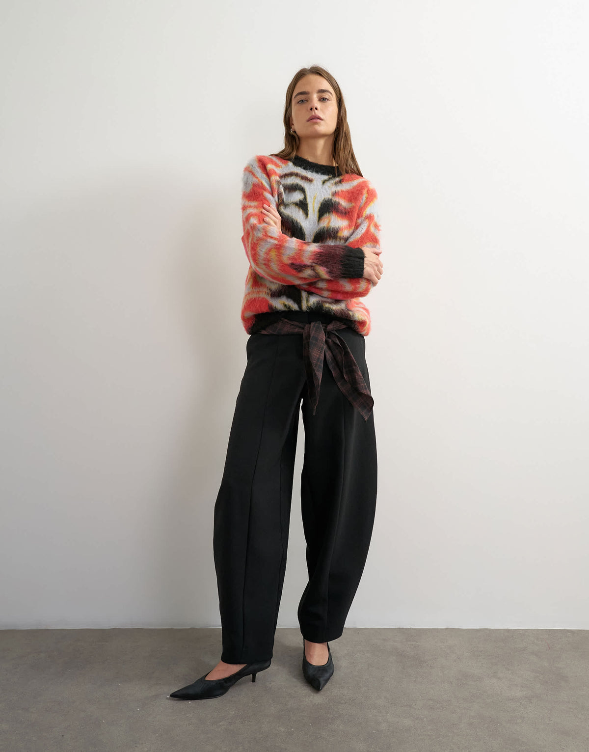 Topshop knitted fluffy relaxed fit brushed abstract crew neck jumper in red