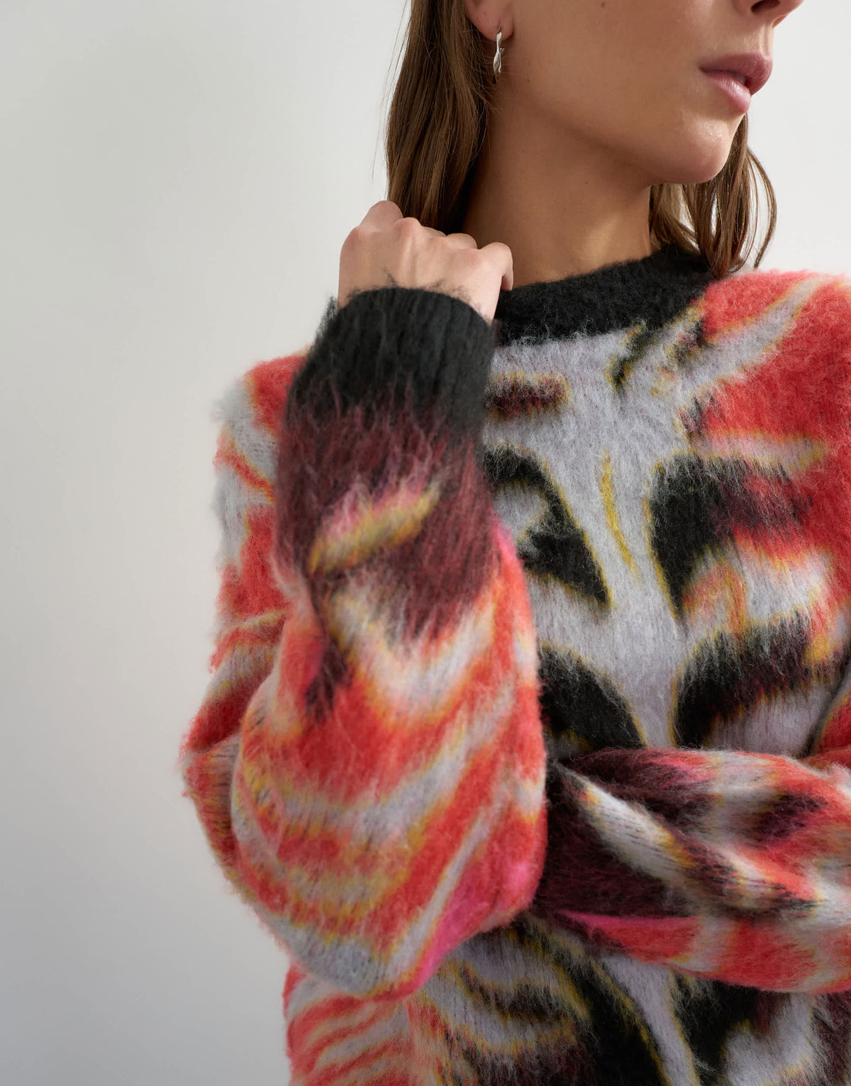 Topshop knitted fluffy relaxed fit brushed abstract crew neck jumper in red