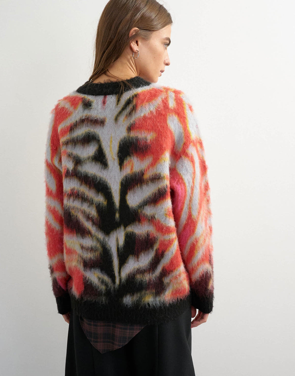 Topshop knitted fluffy relaxed fit brushed abstract crew neck jumper in red