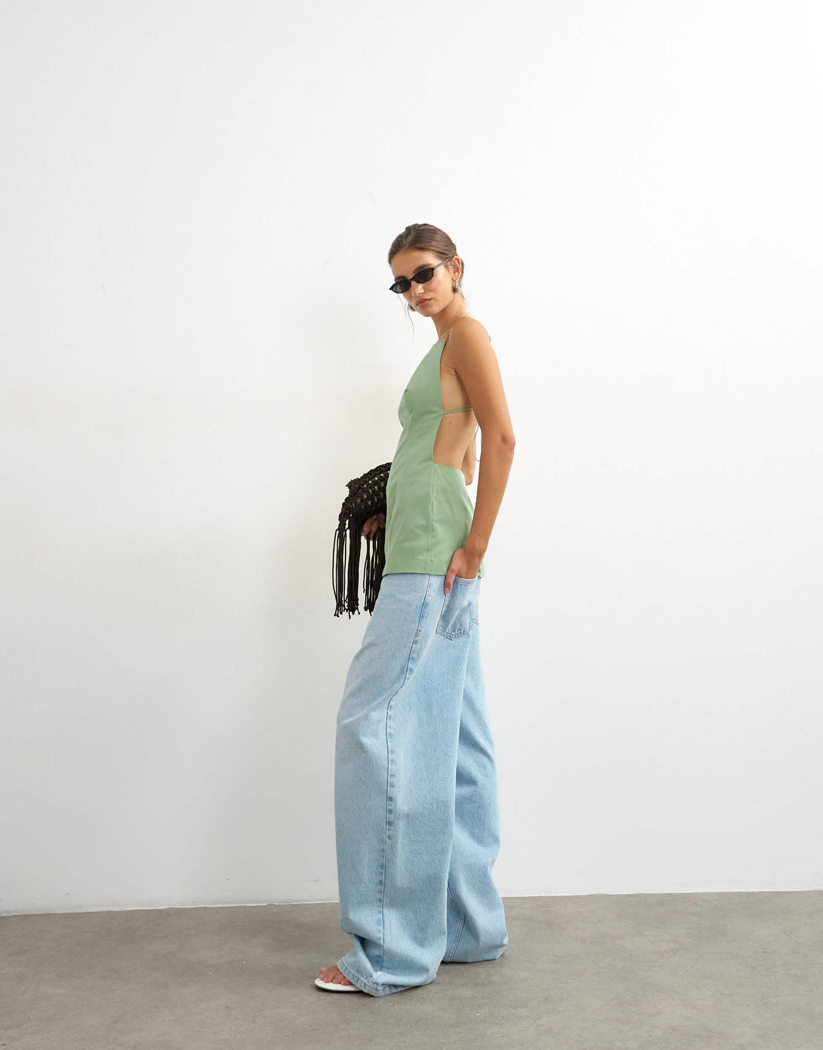 Topshop structured strappy back longline top in sage