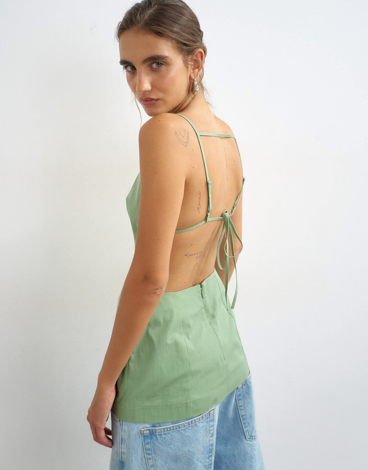 Topshop structured strappy back longline top in sage