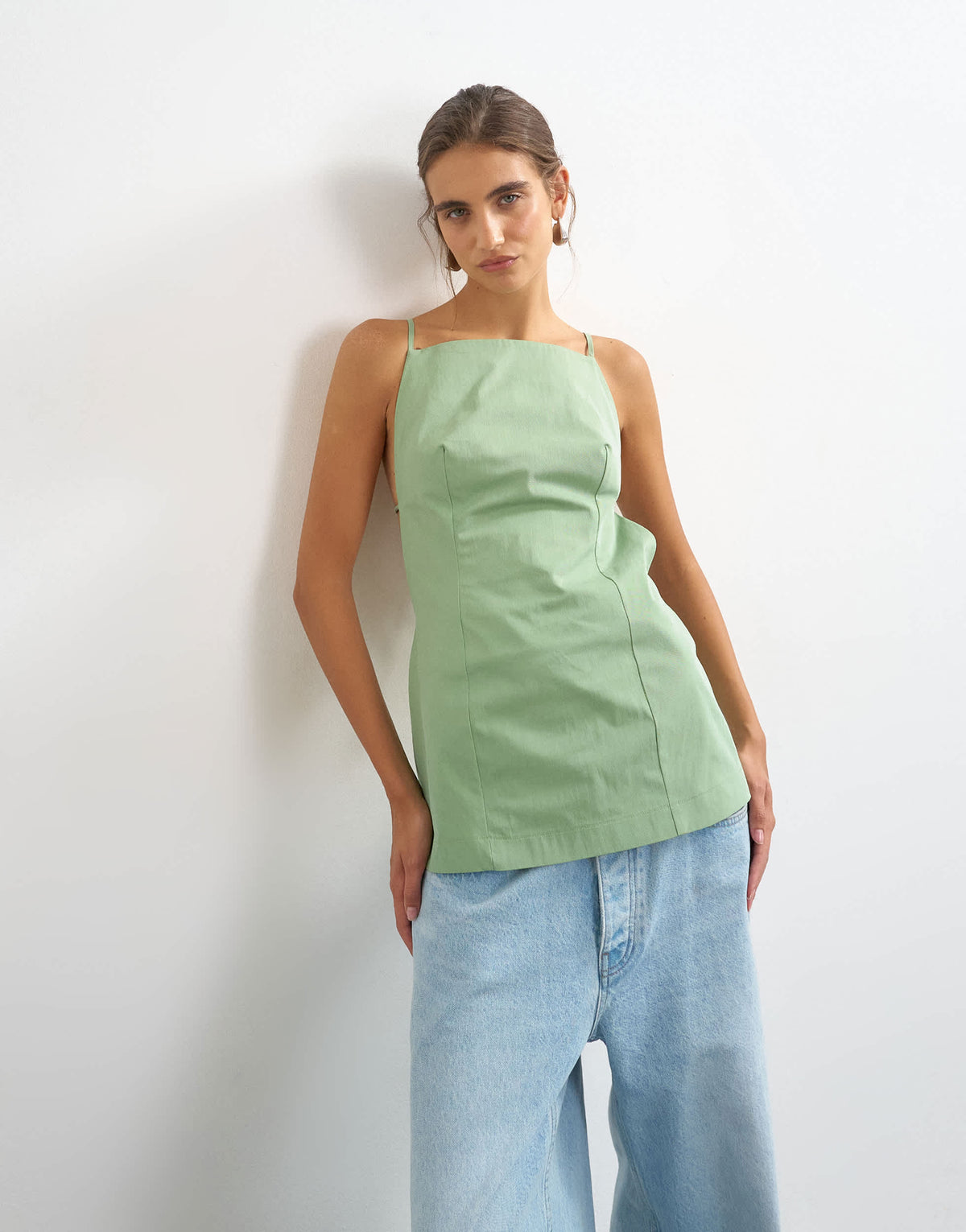 Topshop structured strappy back longline top in sage
