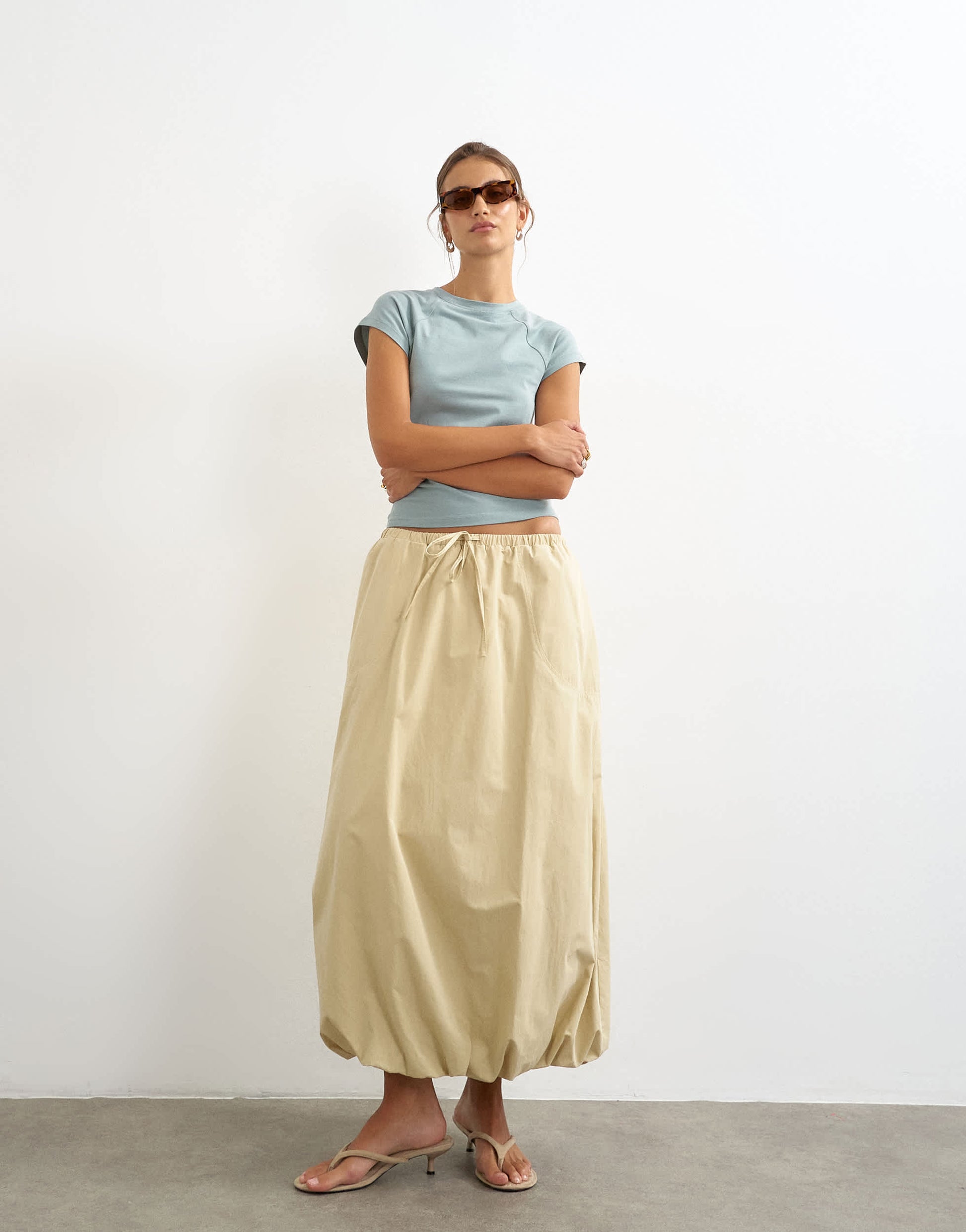 Topshop poplin bubble hem maxi skirt in stone