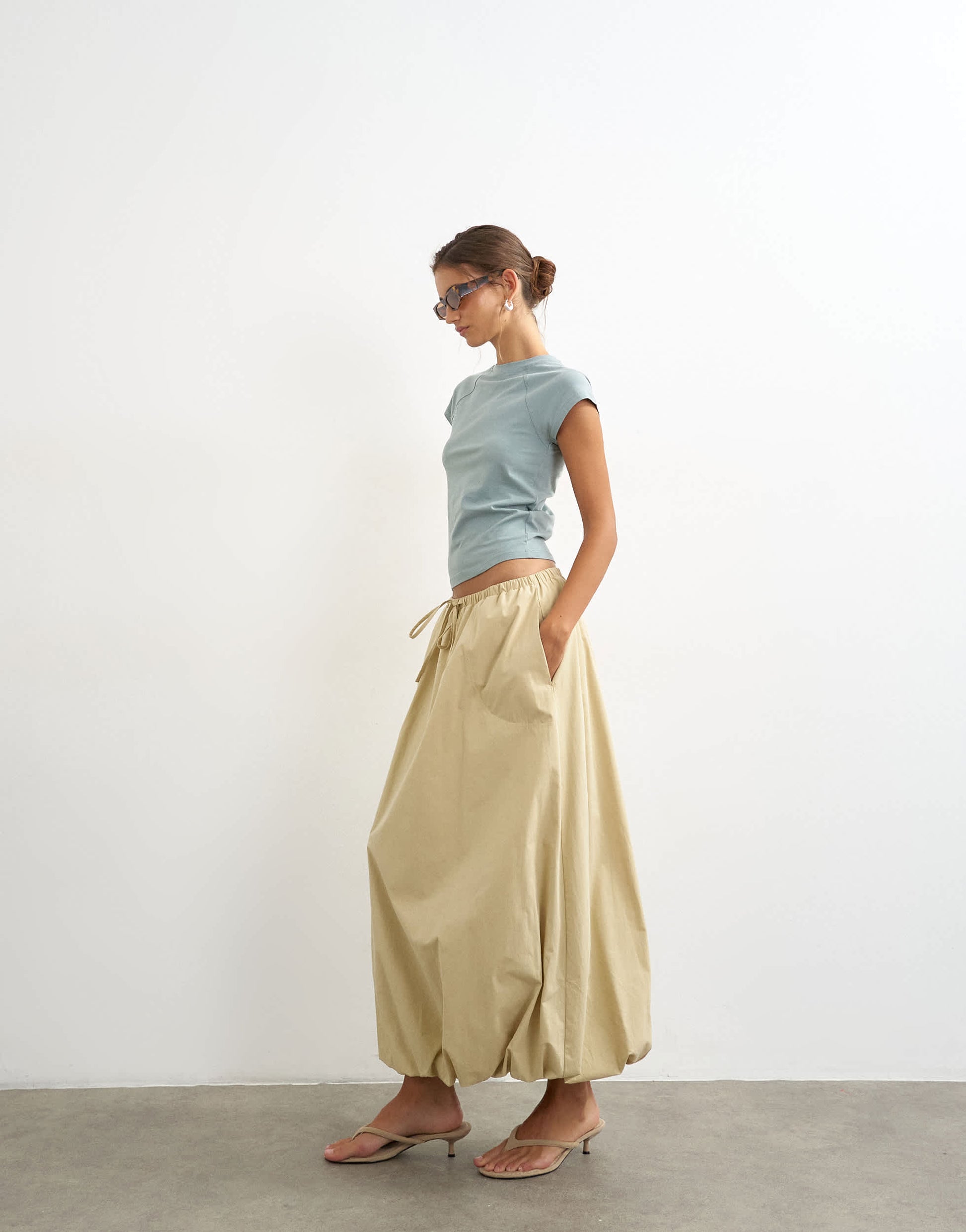 Topshop poplin bubble hem maxi skirt in stone