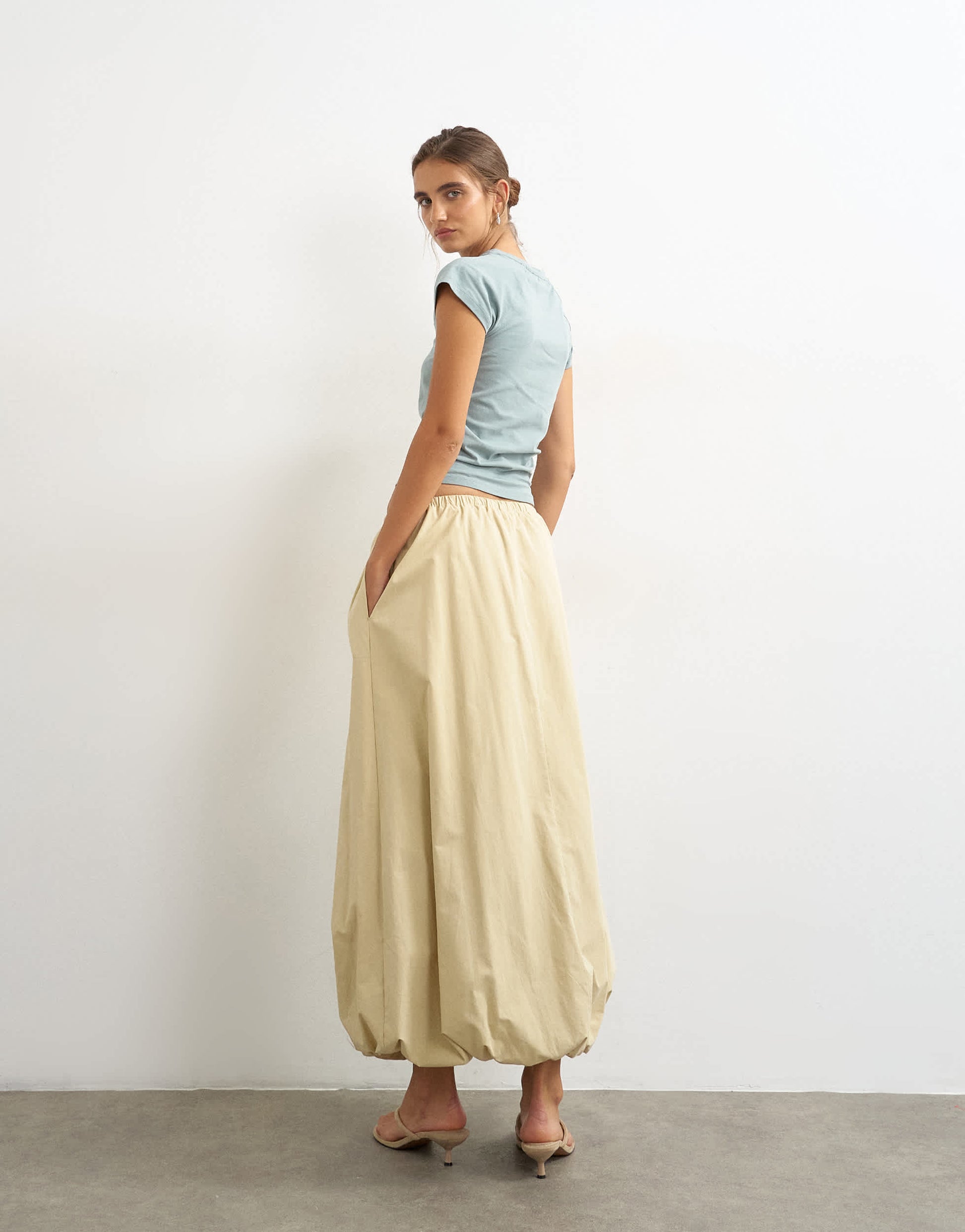 Topshop poplin bubble hem maxi skirt in stone