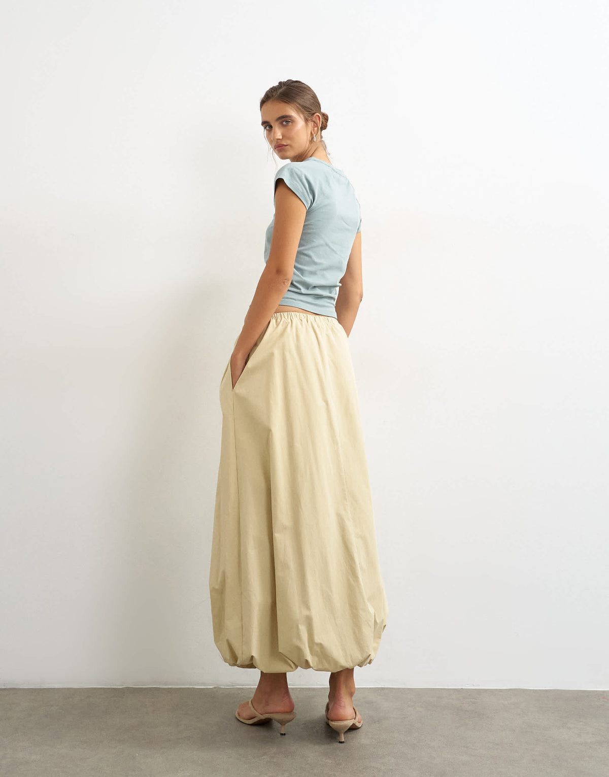 Topshop poplin bubble hem maxi skirt in stone