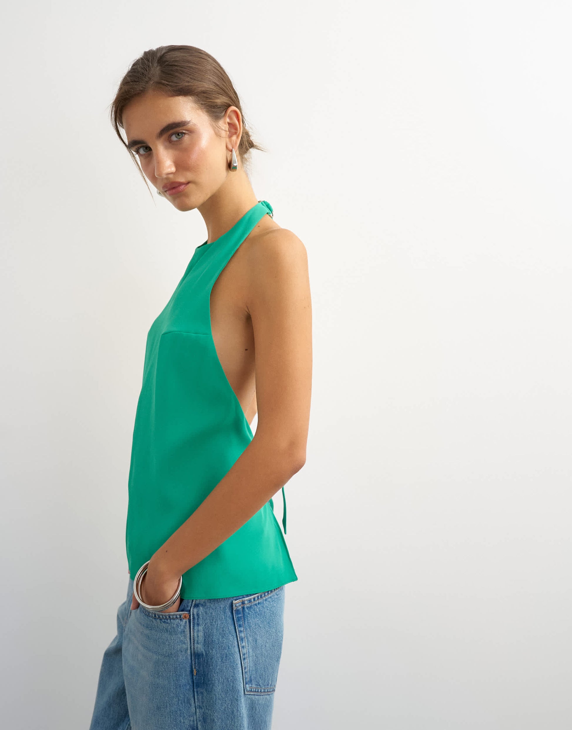 Topshop backless detail halter top in green