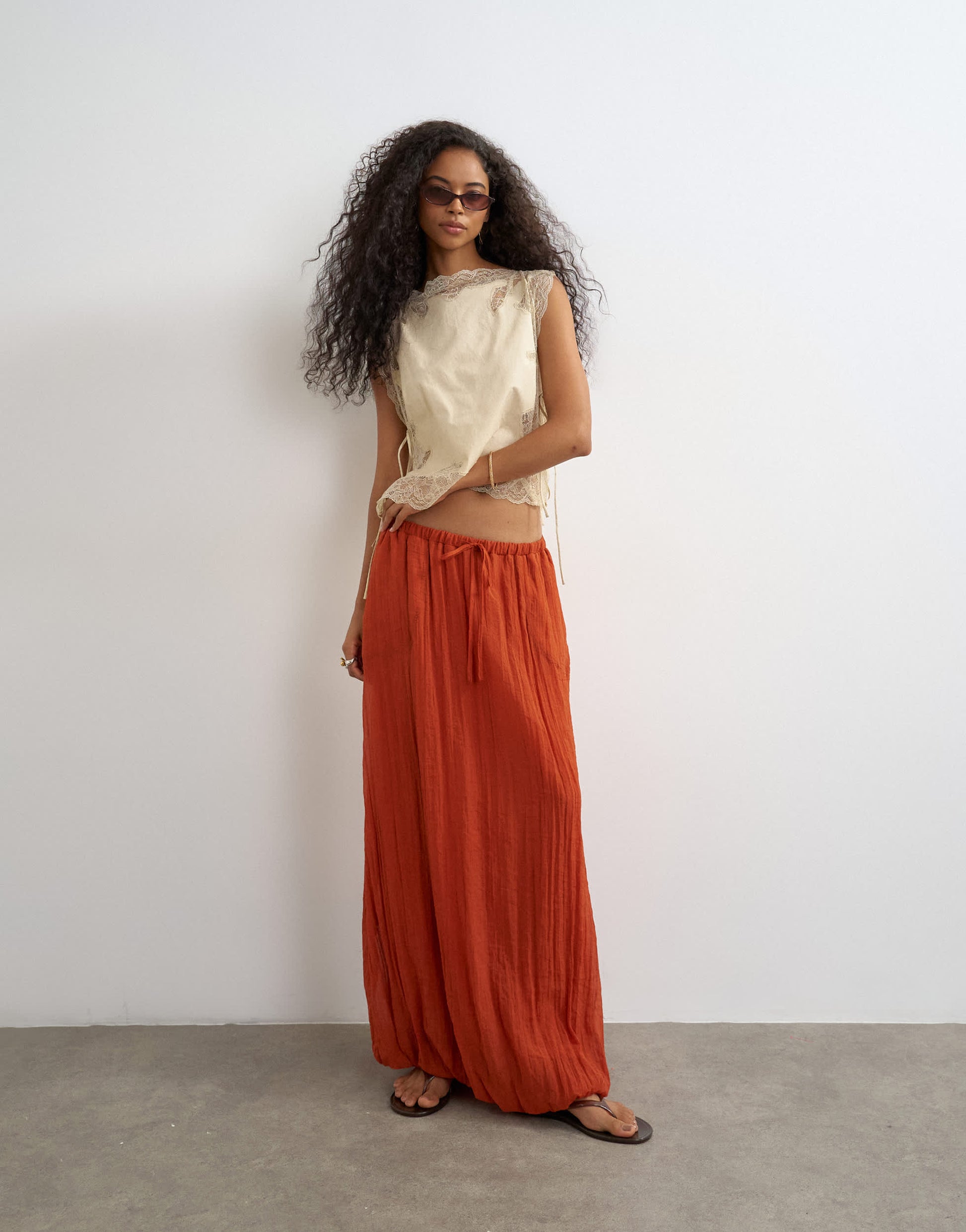 Topshop tie detail crinkle bubble hem maxi skirt in rust