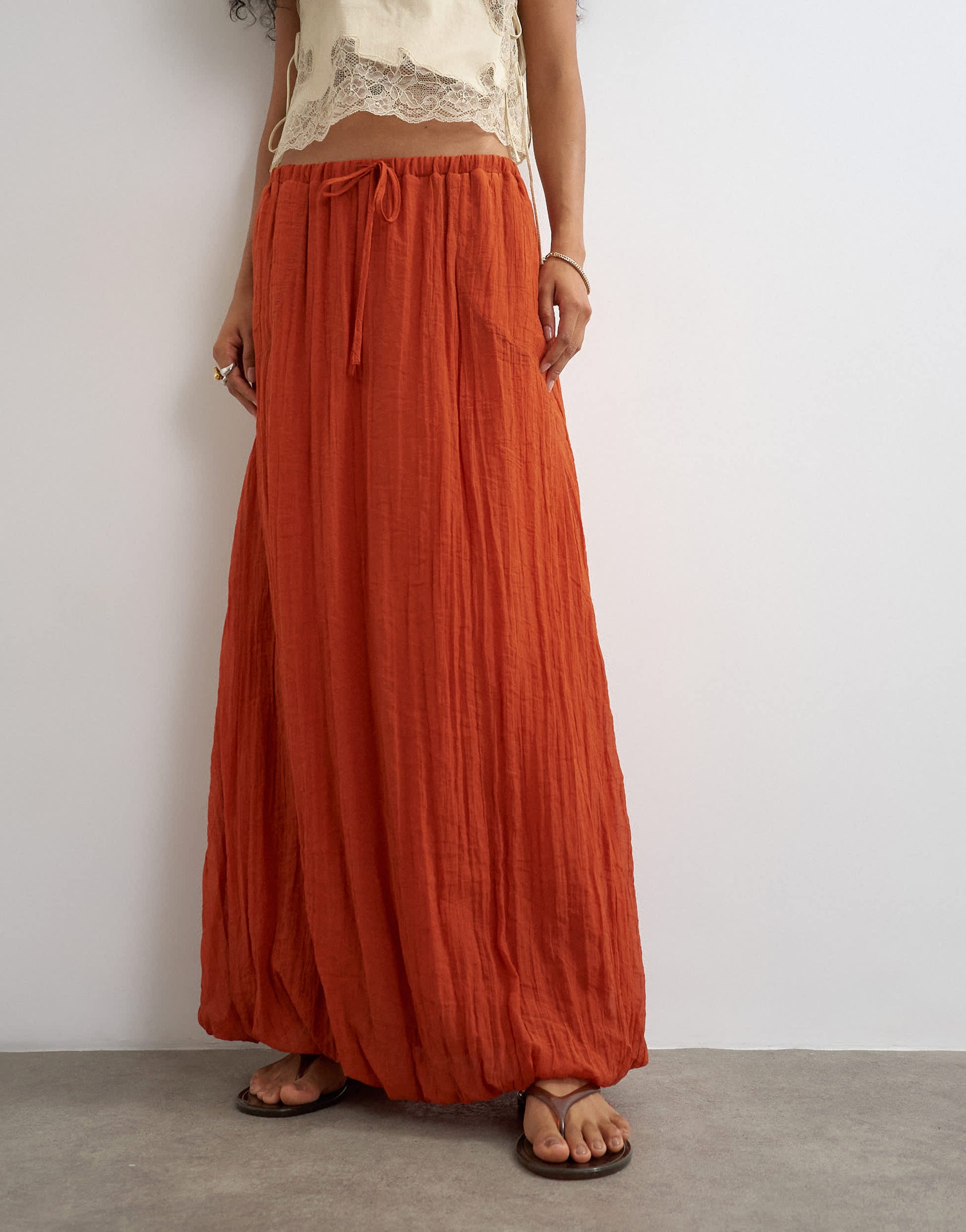 Topshop tie detail crinkle bubble hem maxi skirt in rust