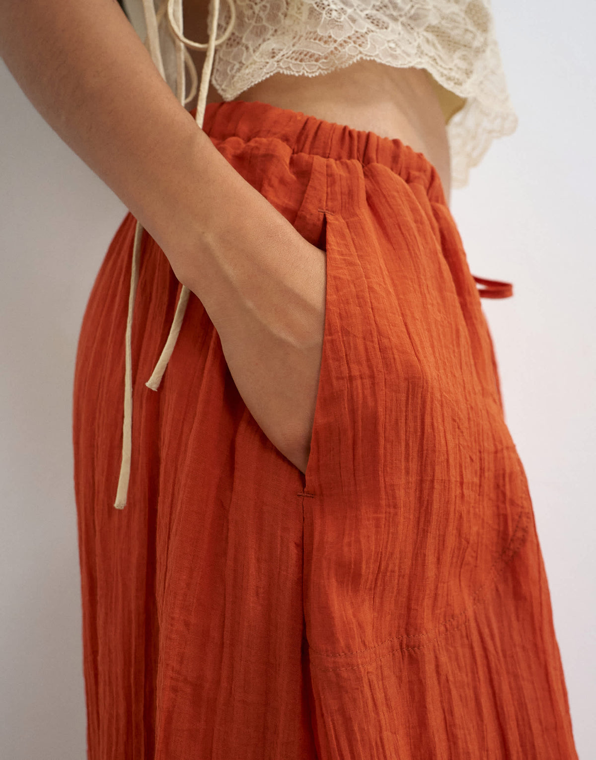 Topshop tie detail crinkle bubble hem maxi skirt in rust
