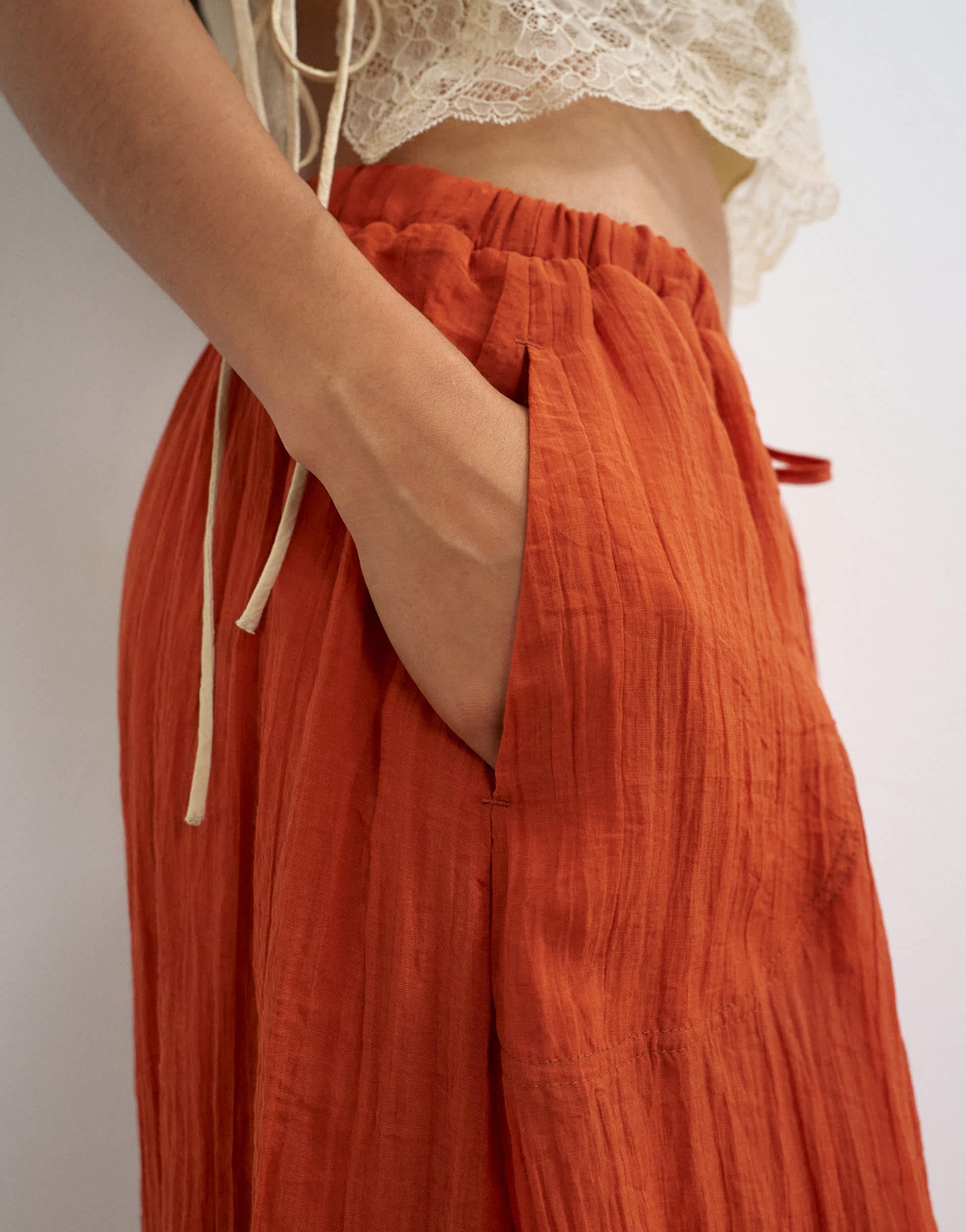 Topshop tie detail crinkle bubble hem maxi skirt in rust
