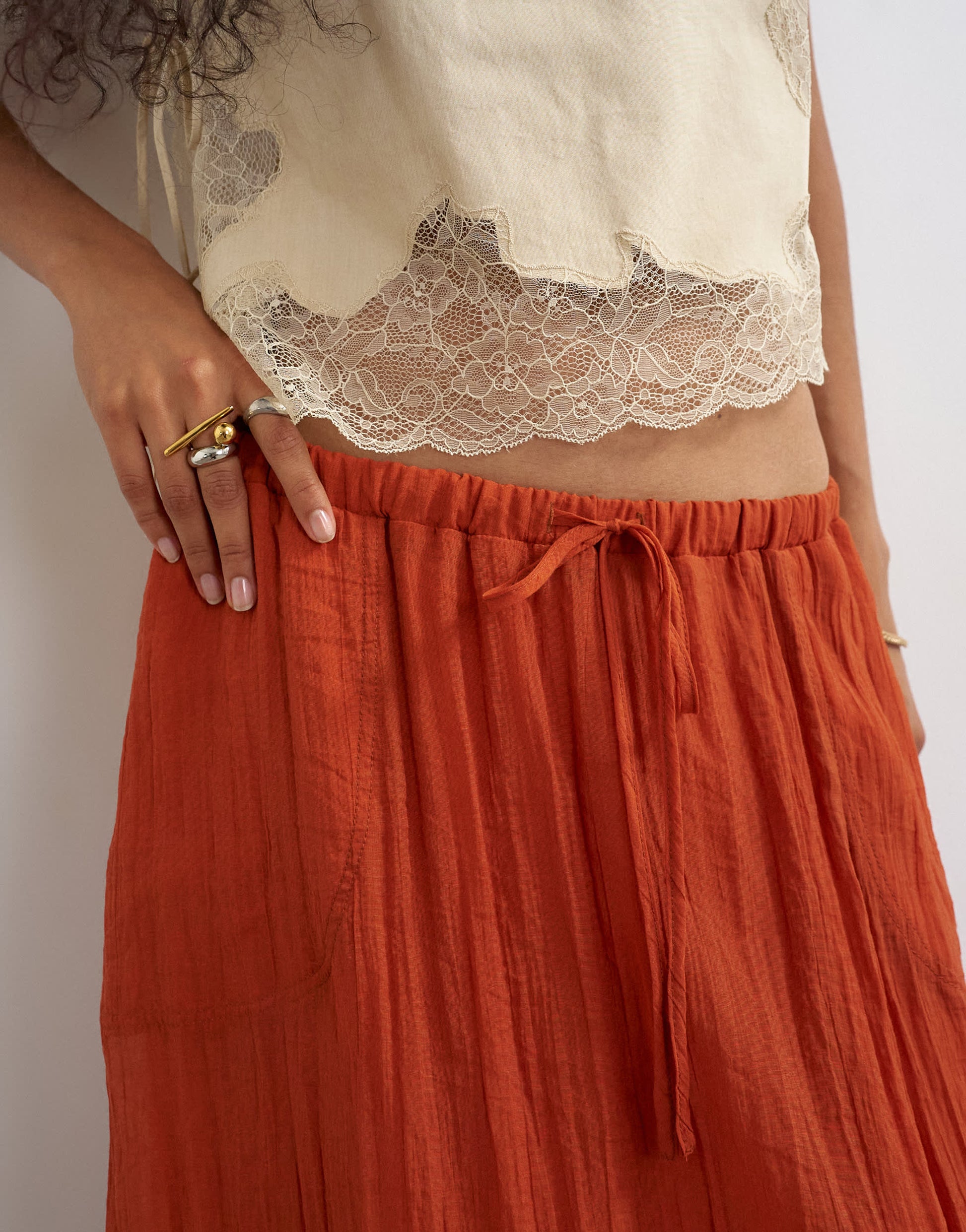 Topshop tie detail crinkle bubble hem maxi skirt in rust