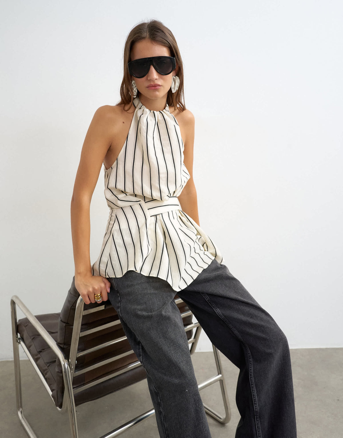 Topshop high neck sleeveless belt detail top in mono stripe