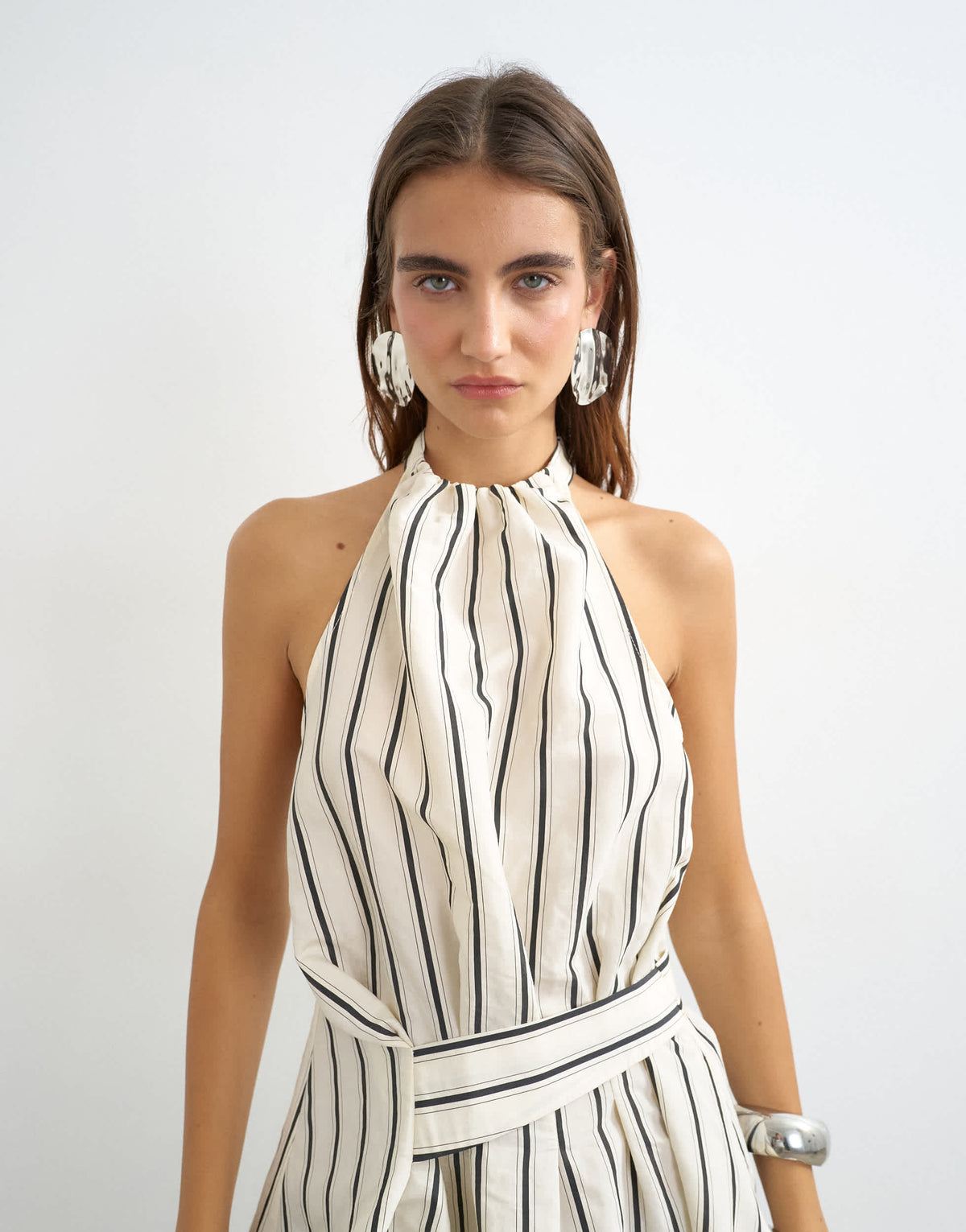 Topshop high neck sleeveless belt detail top in mono stripe