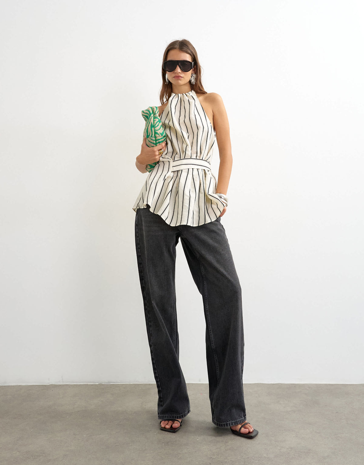 Topshop high neck sleeveless belt detail top in mono stripe