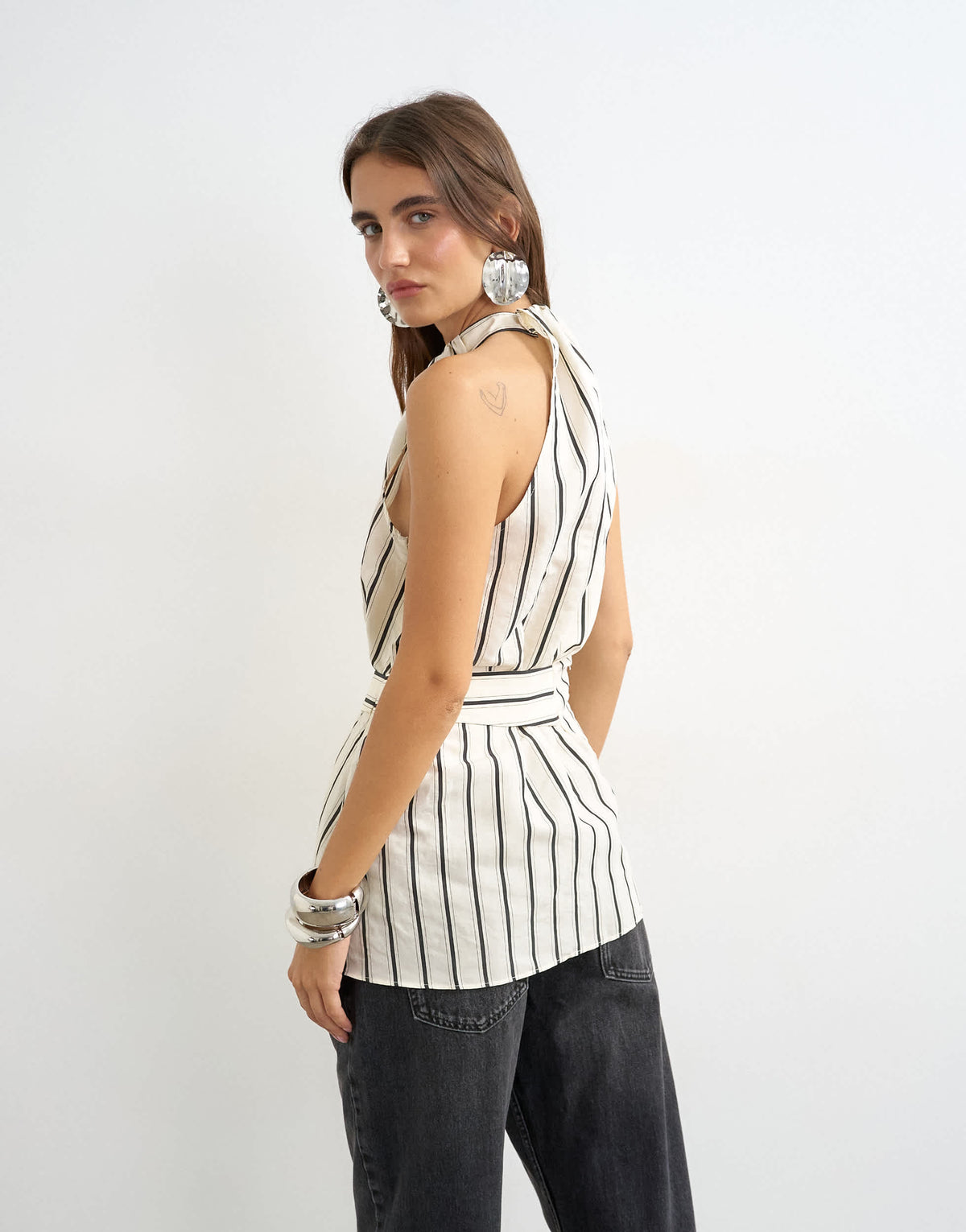 Topshop high neck sleeveless belt detail top in mono stripe