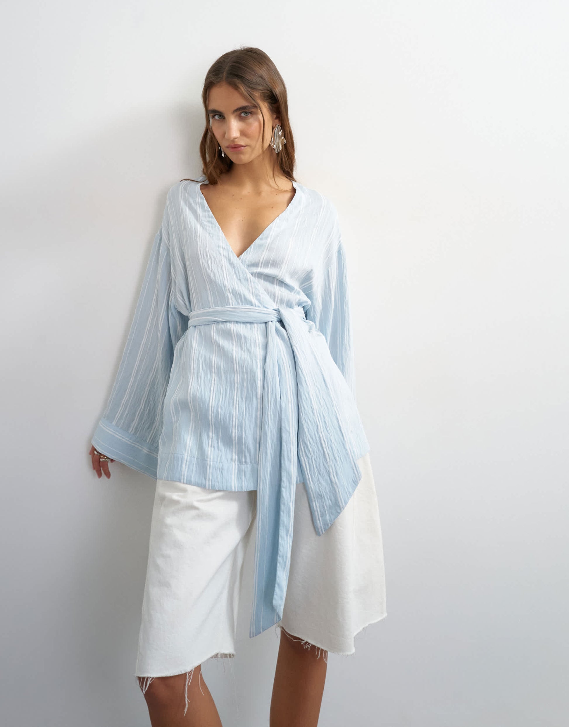 Topshop wrap tie detail top in blue stripe