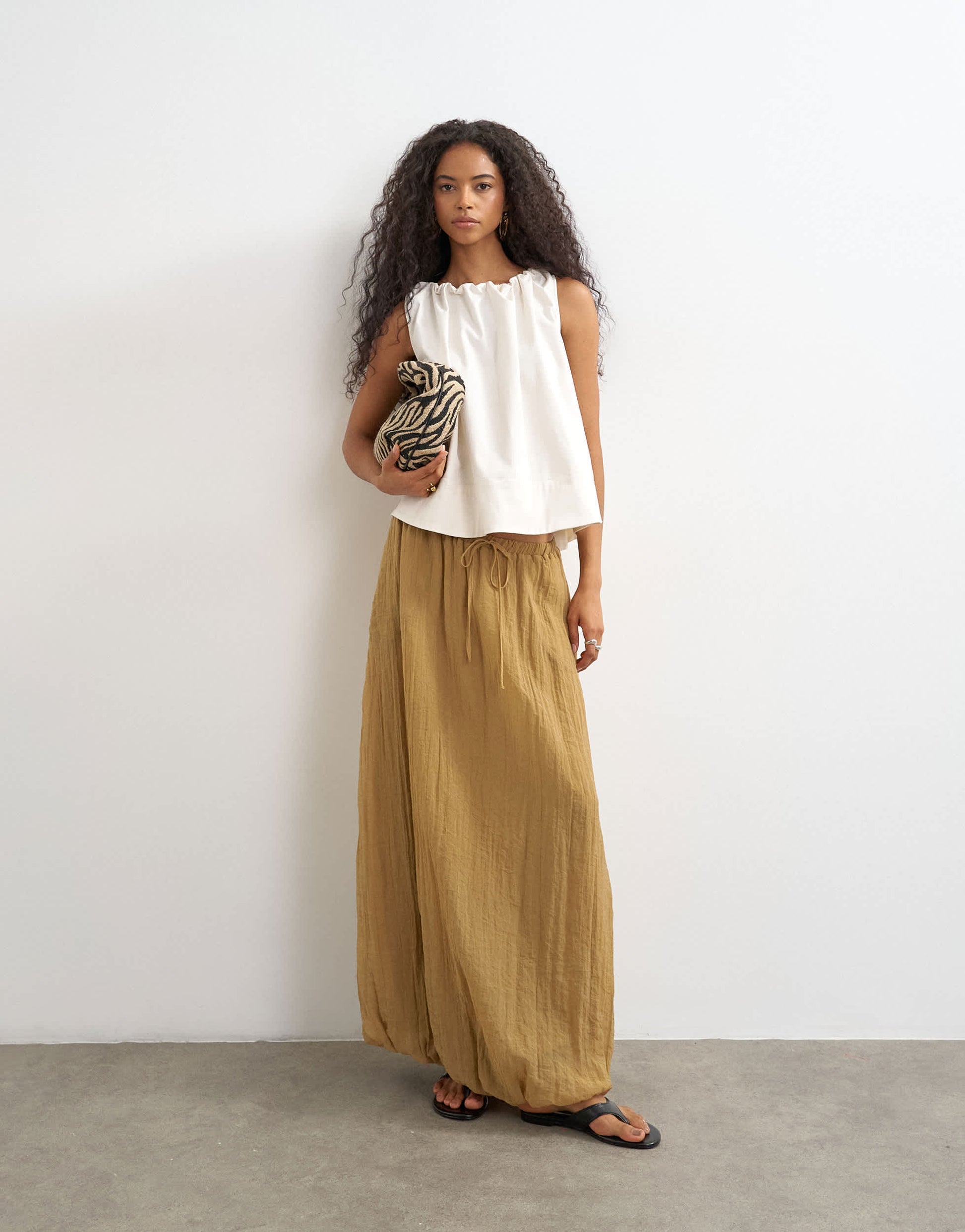 Topshop tie detail crinkle bubble hem maxi skirt in camel
