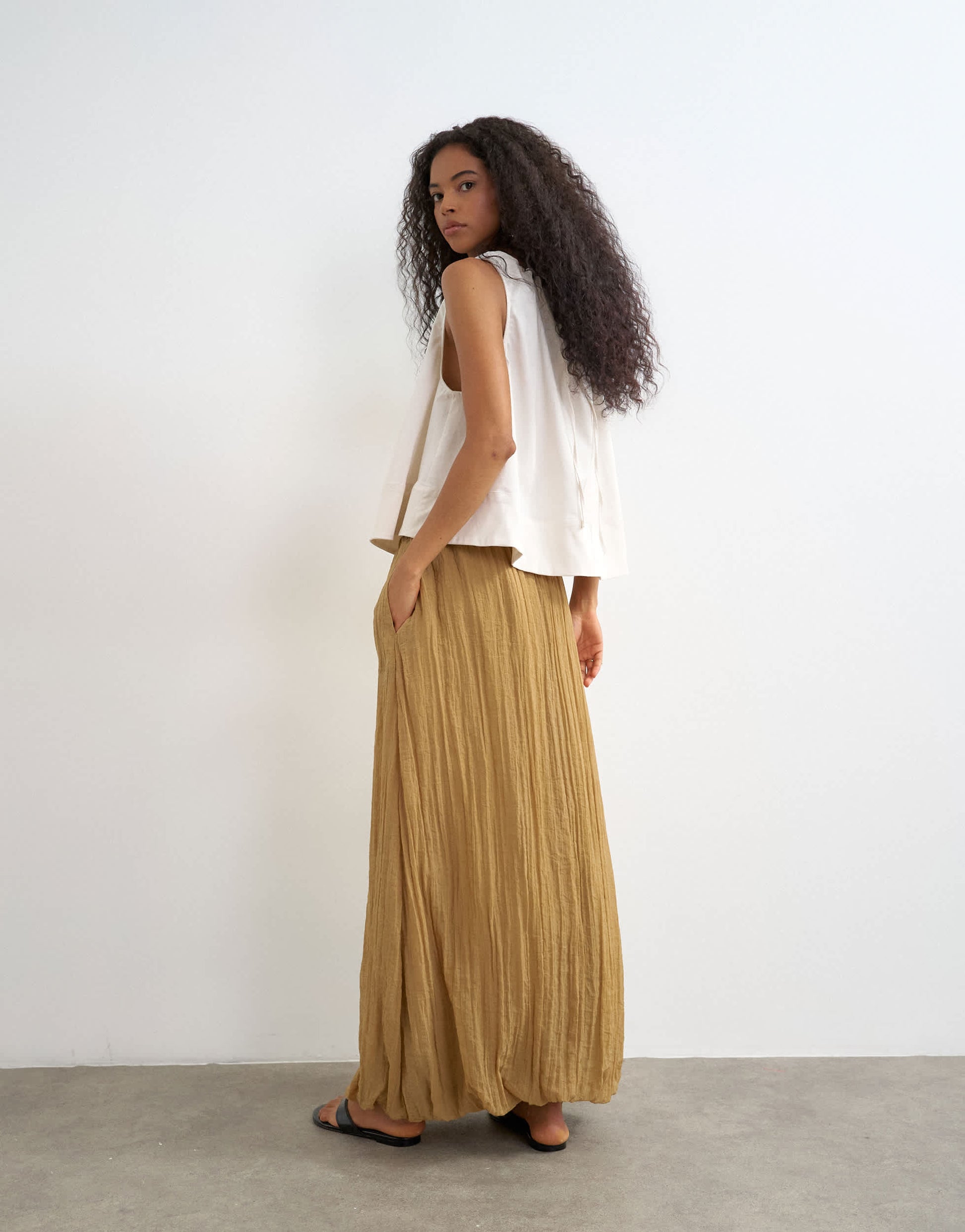 Topshop tie detail crinkle bubble hem maxi skirt in camel