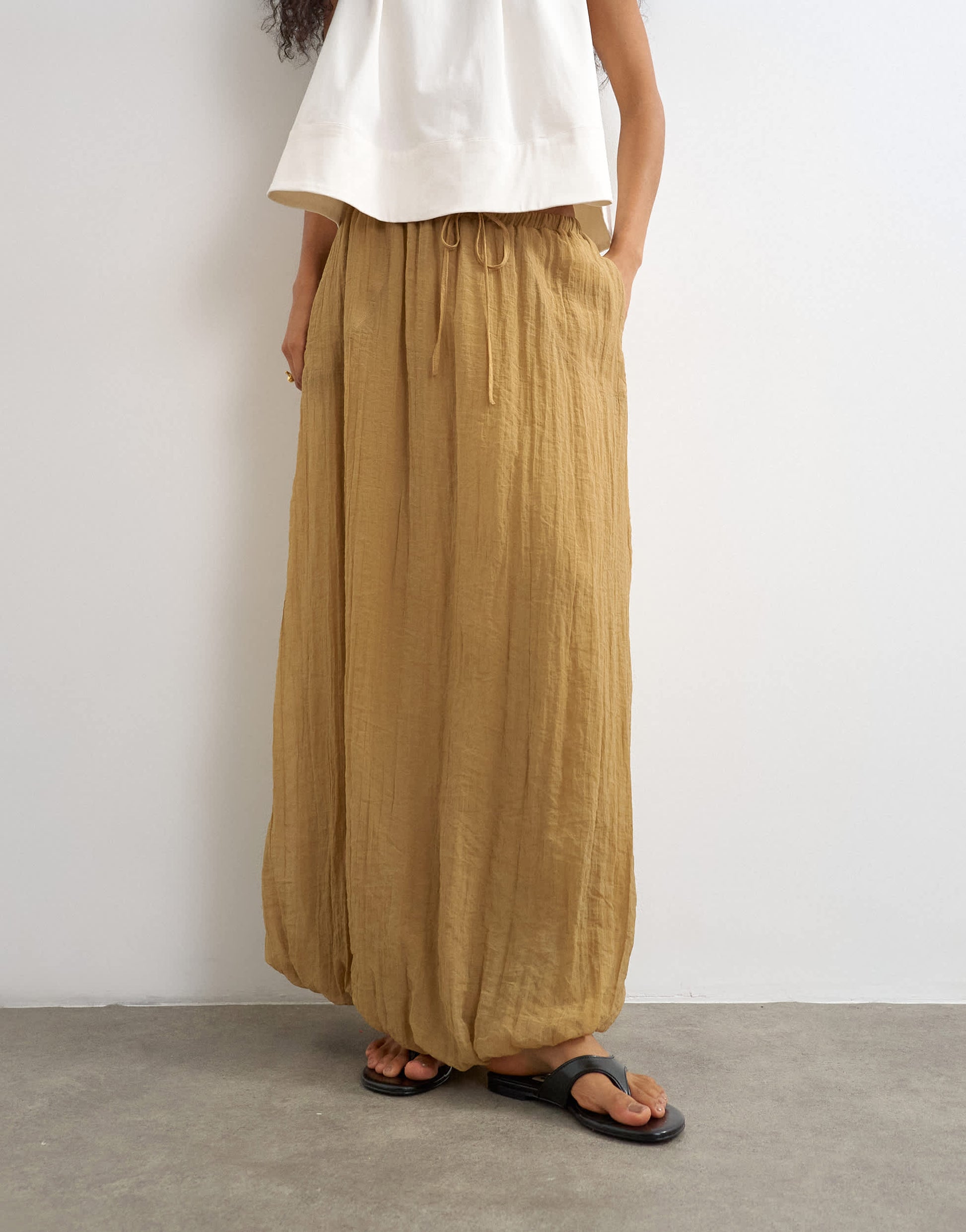 Topshop tie detail crinkle bubble hem maxi skirt in camel