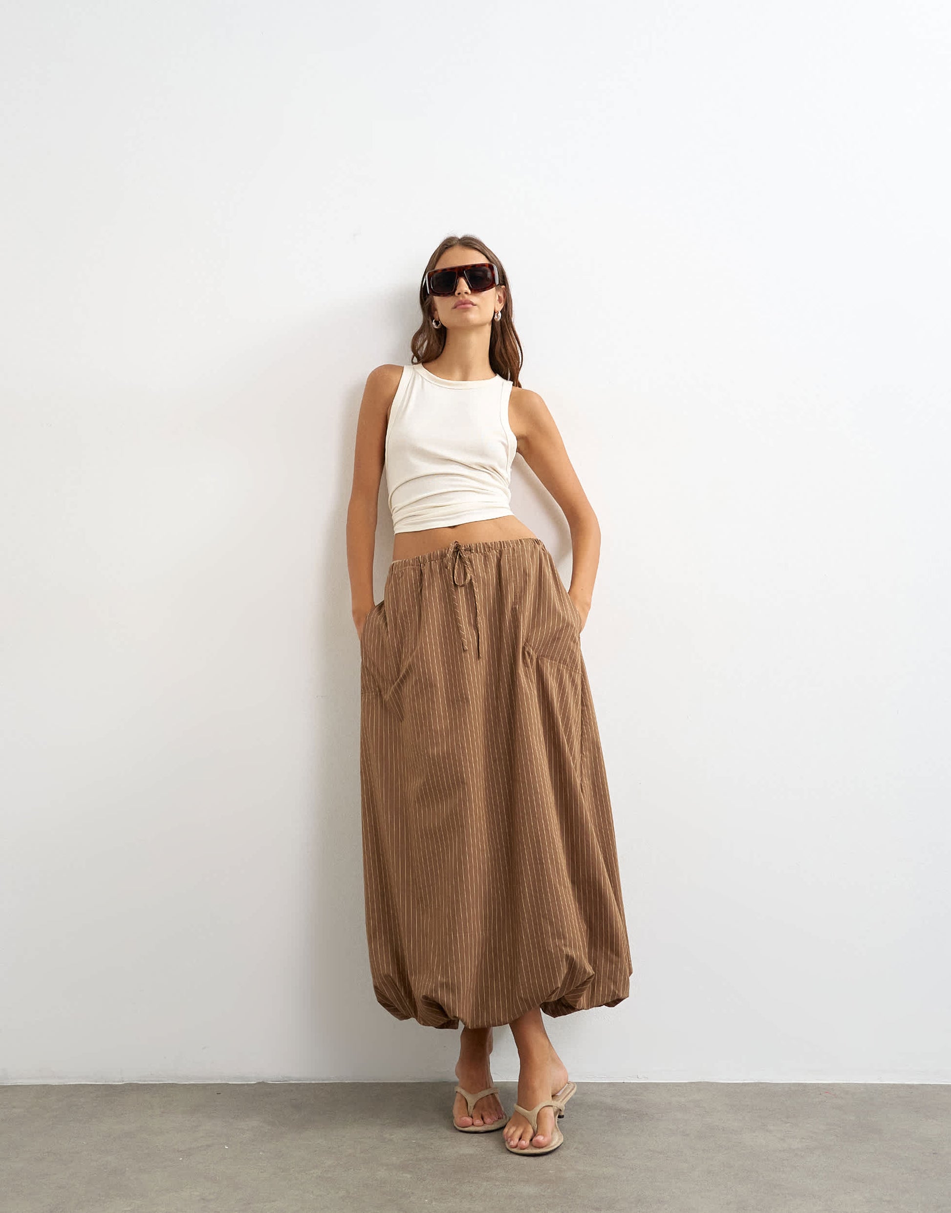 Topshop poplin bubble hem maxi skirt in chocolate stripe